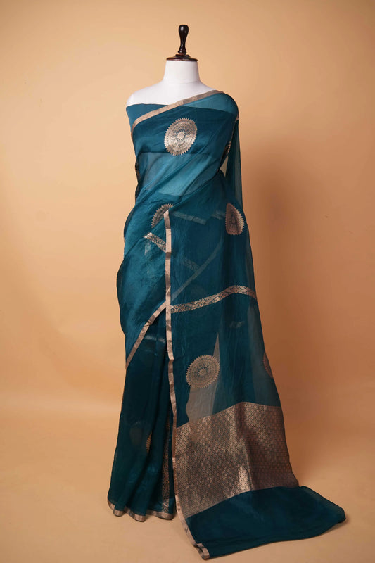 Peacock Blue Kadhua Weaving Organza Silk Saree