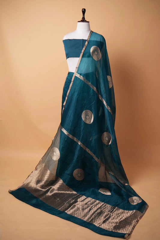 Peacock Blue Kadhua Weaving Organza Silk Saree