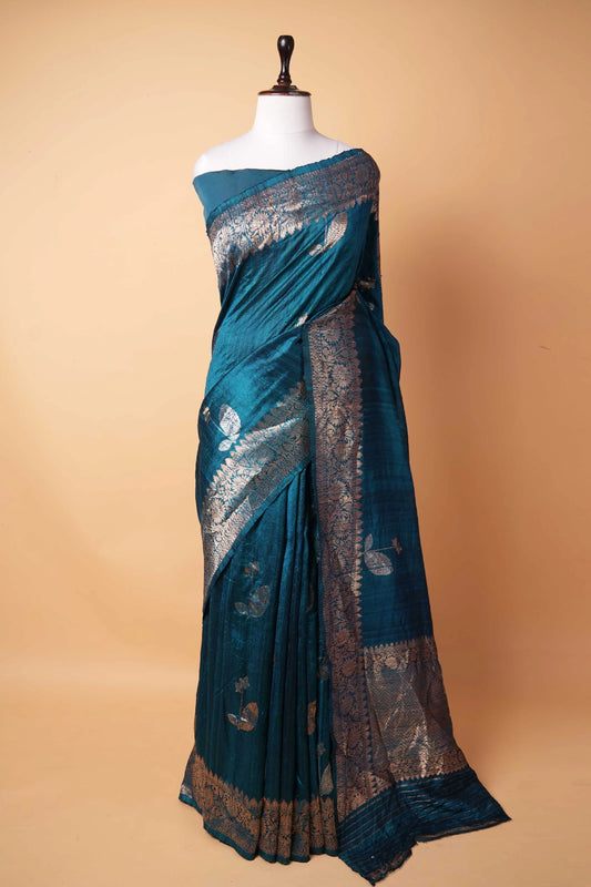 Peacock Blue Handwoven Raw Silk Saree