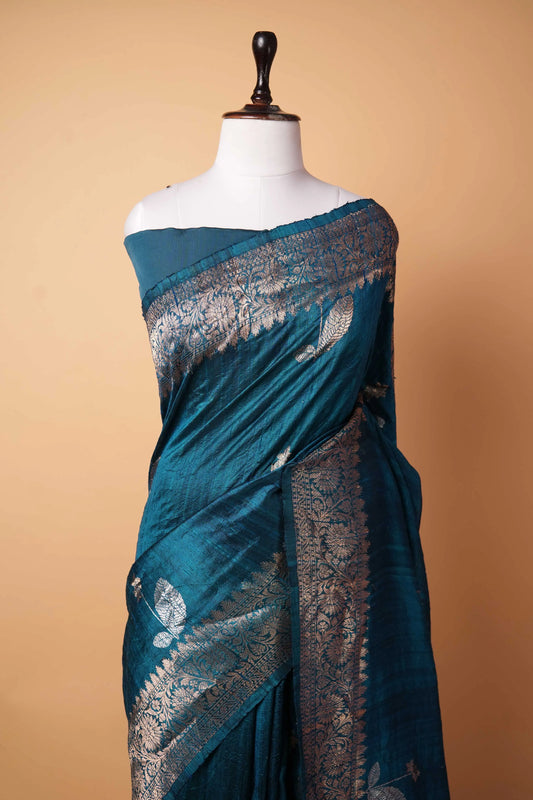 Peacock Blue Handwoven Raw Silk Saree