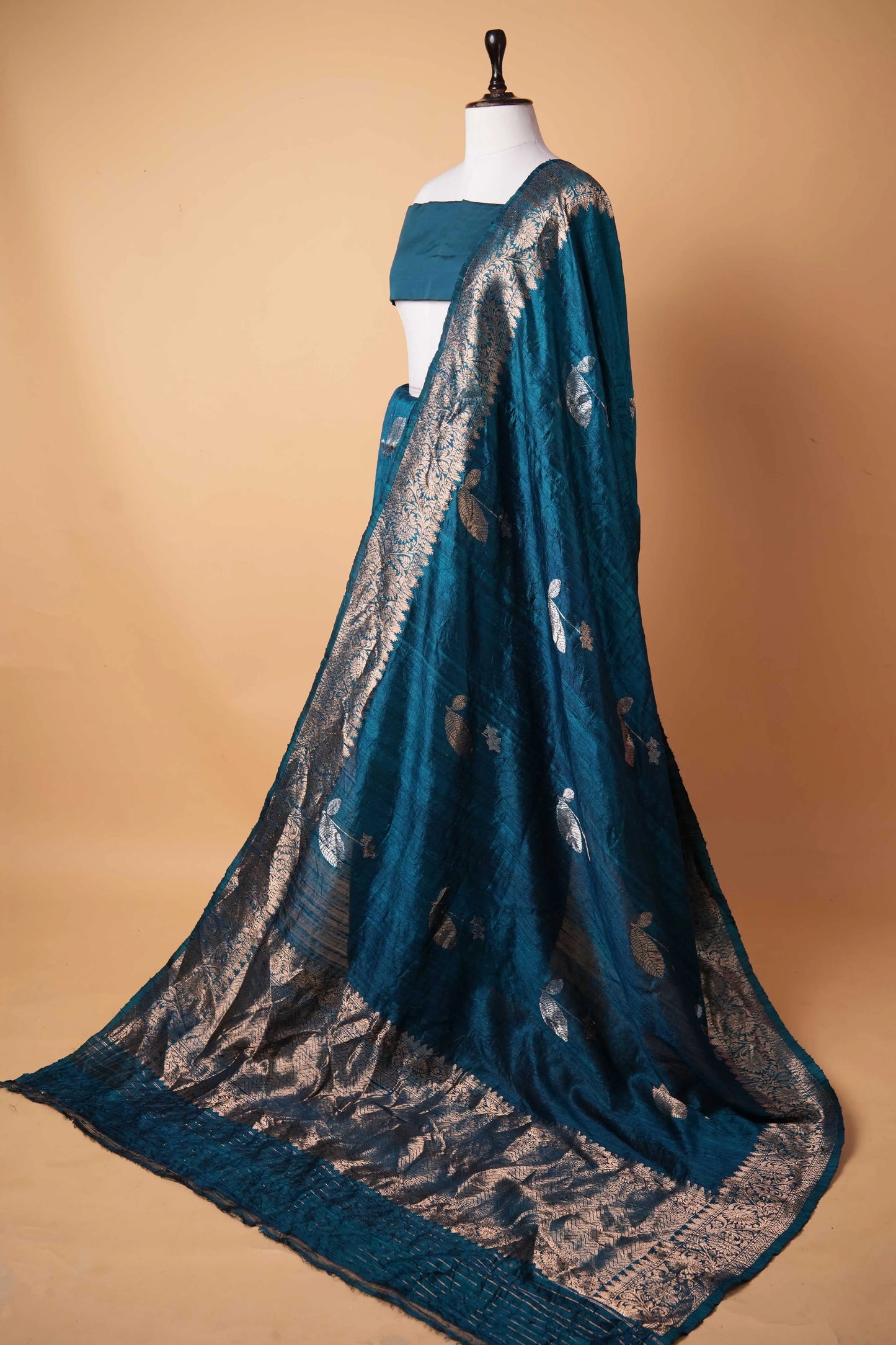 Peacock Blue Handwoven Raw Silk Saree