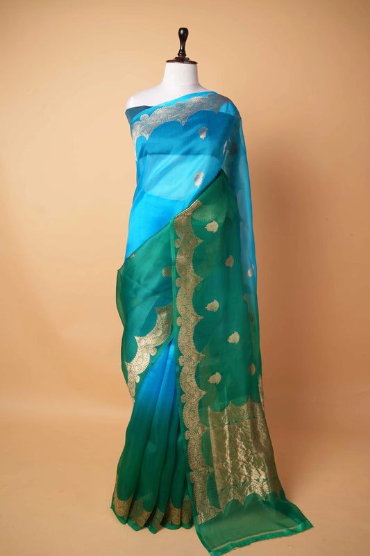 Green & Blue Kadhua Weaving Organza Silk Saree