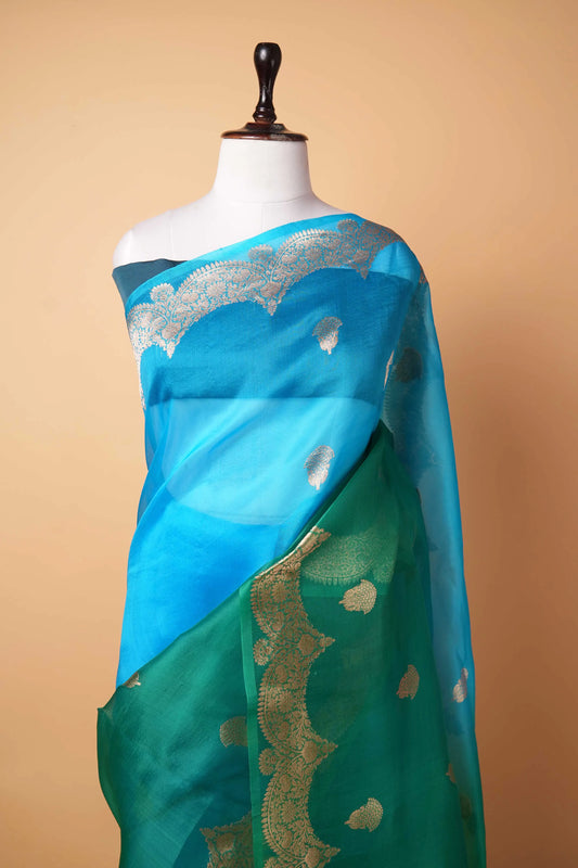 Green & Blue Kadhua Weaving Organza Silk Saree