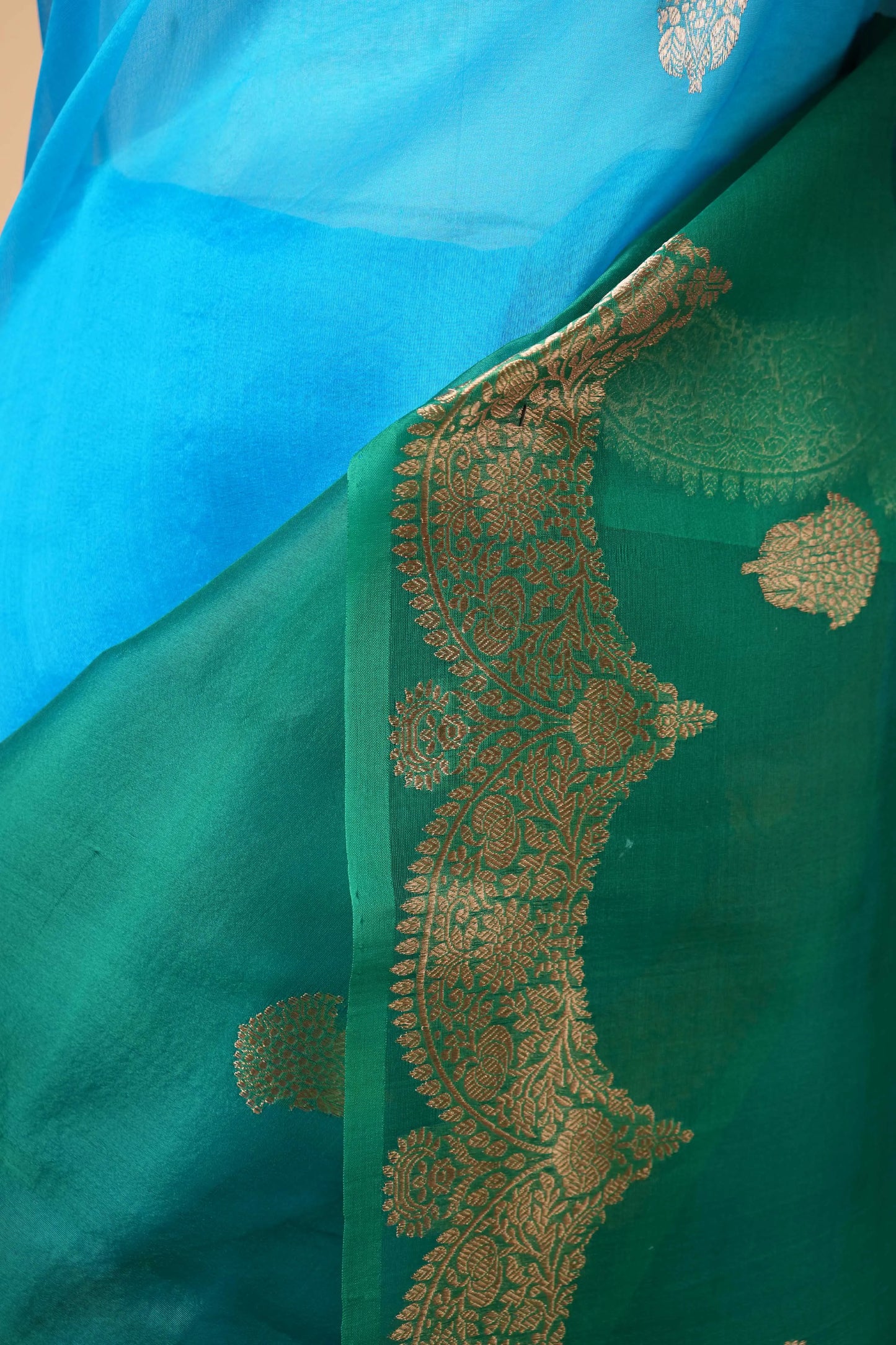Green & Blue Kadhua Weaving Organza Silk Saree