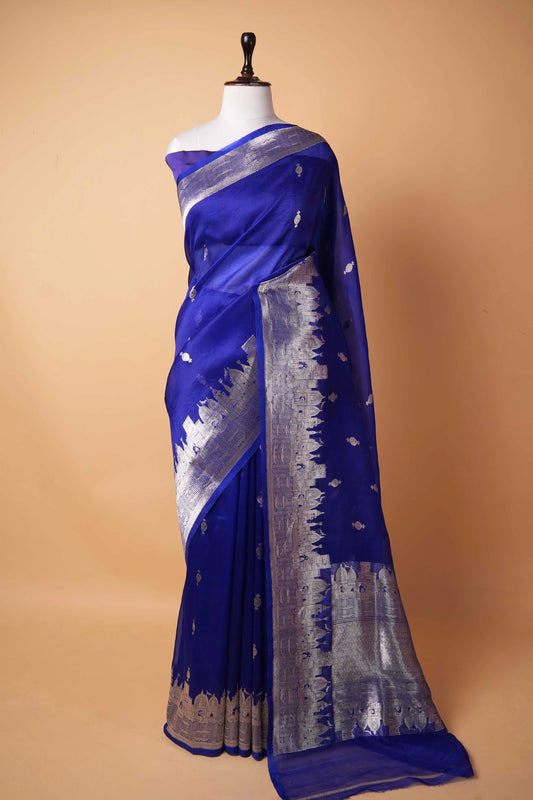Royal Blue  Banarasi Ghat Weaving Organza Silk Saree
