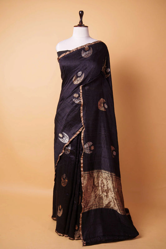 Black Handwoven Raw Silk Saree
