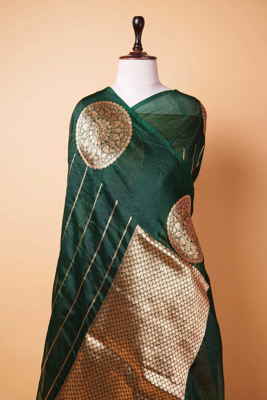 Bottle Green Kadhua Weaving Organza Silk Saree