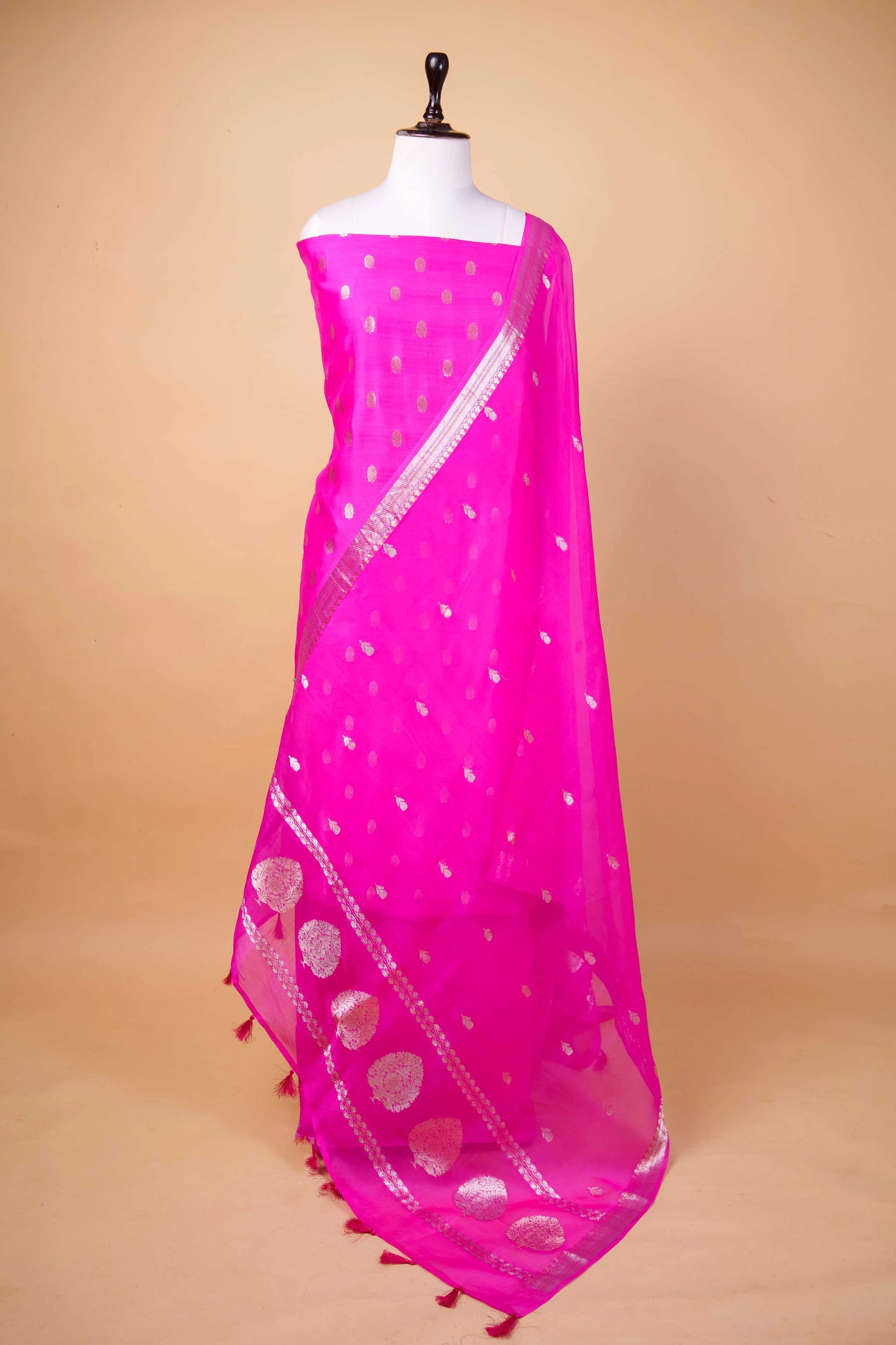 Rani Pink Handwoven Chiniya Silk Suit Set