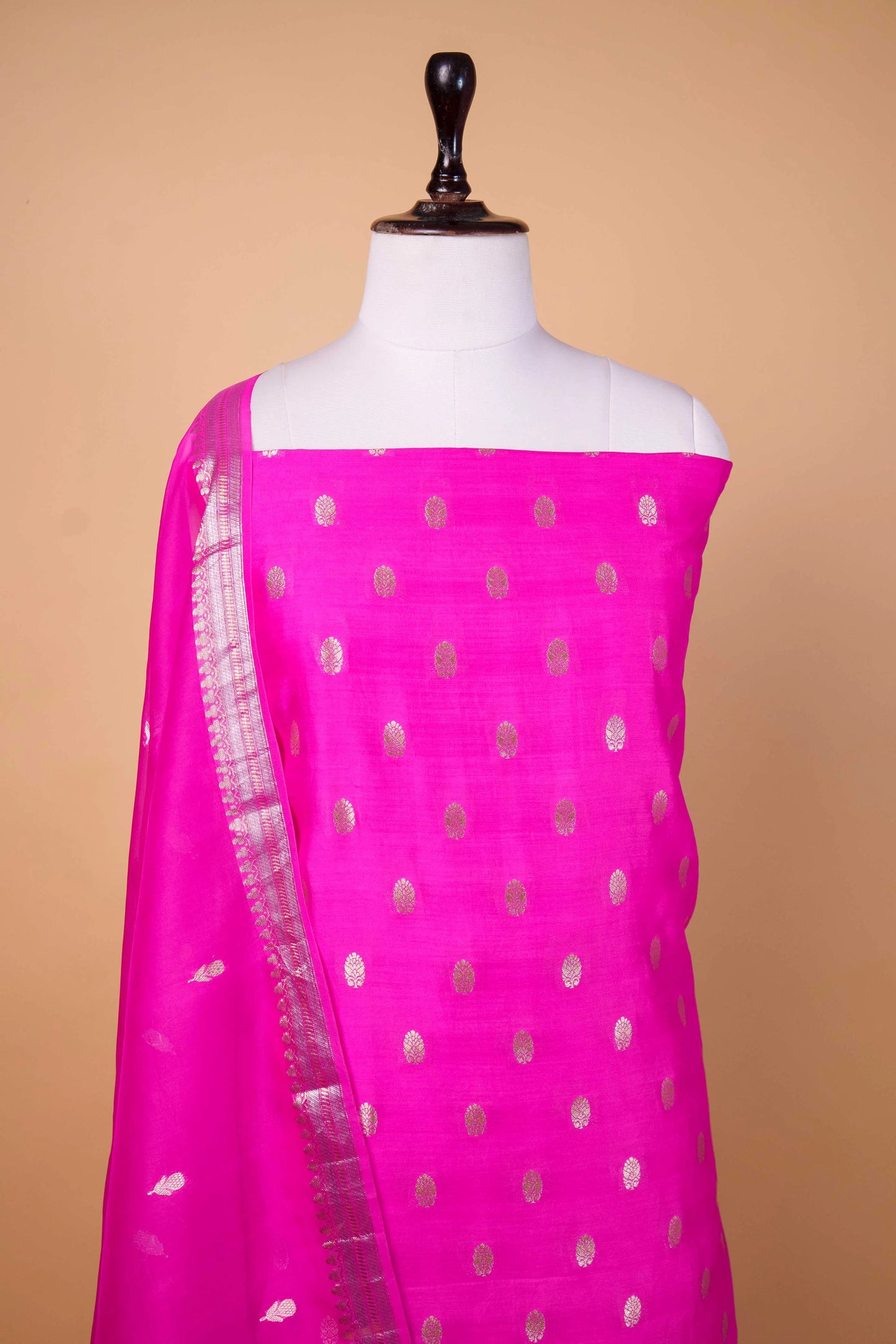 Rani Pink Handwoven Chiniya Silk Suit Set