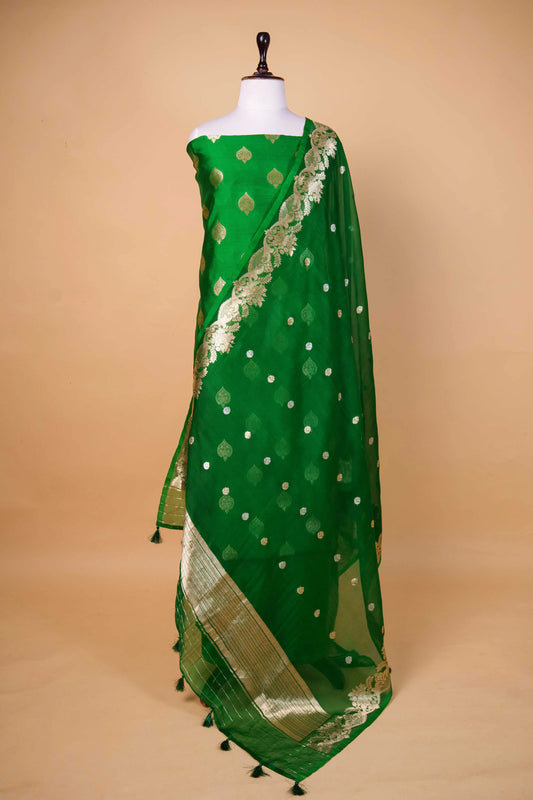 Bottle Green Handwoven Chiniya Silk Suit Set