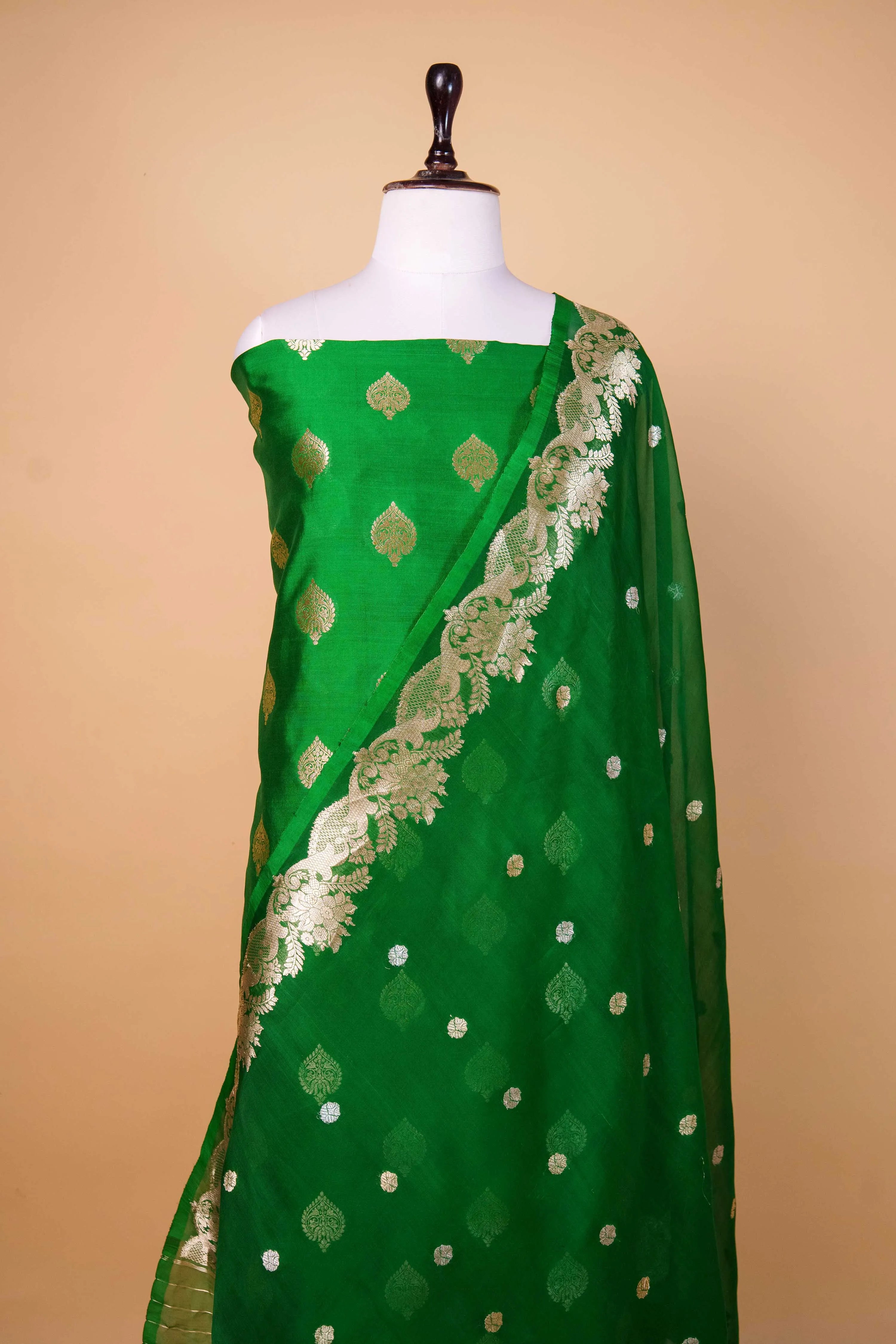 Bottle Green Handwoven Chiniya Silk Suit Set