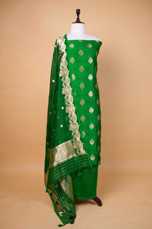 Bottle Green Handwoven Chiniya Silk Suit Set