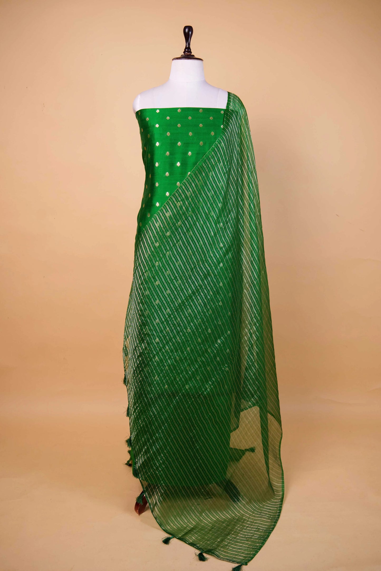 Bottle Green Handwoven Chiniya Silk Suit Set