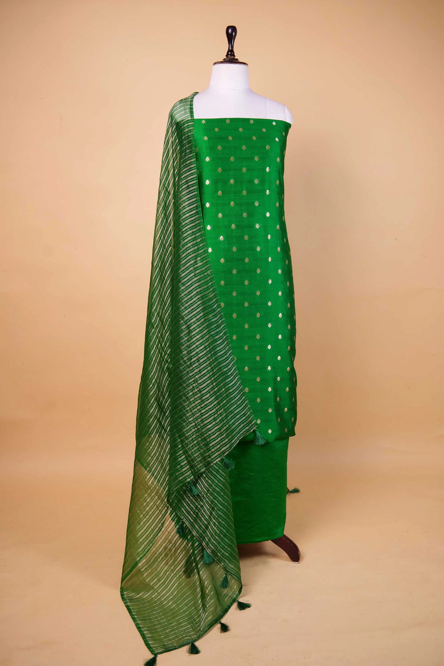 Bottle Green Handwoven Chiniya Silk Suit Set