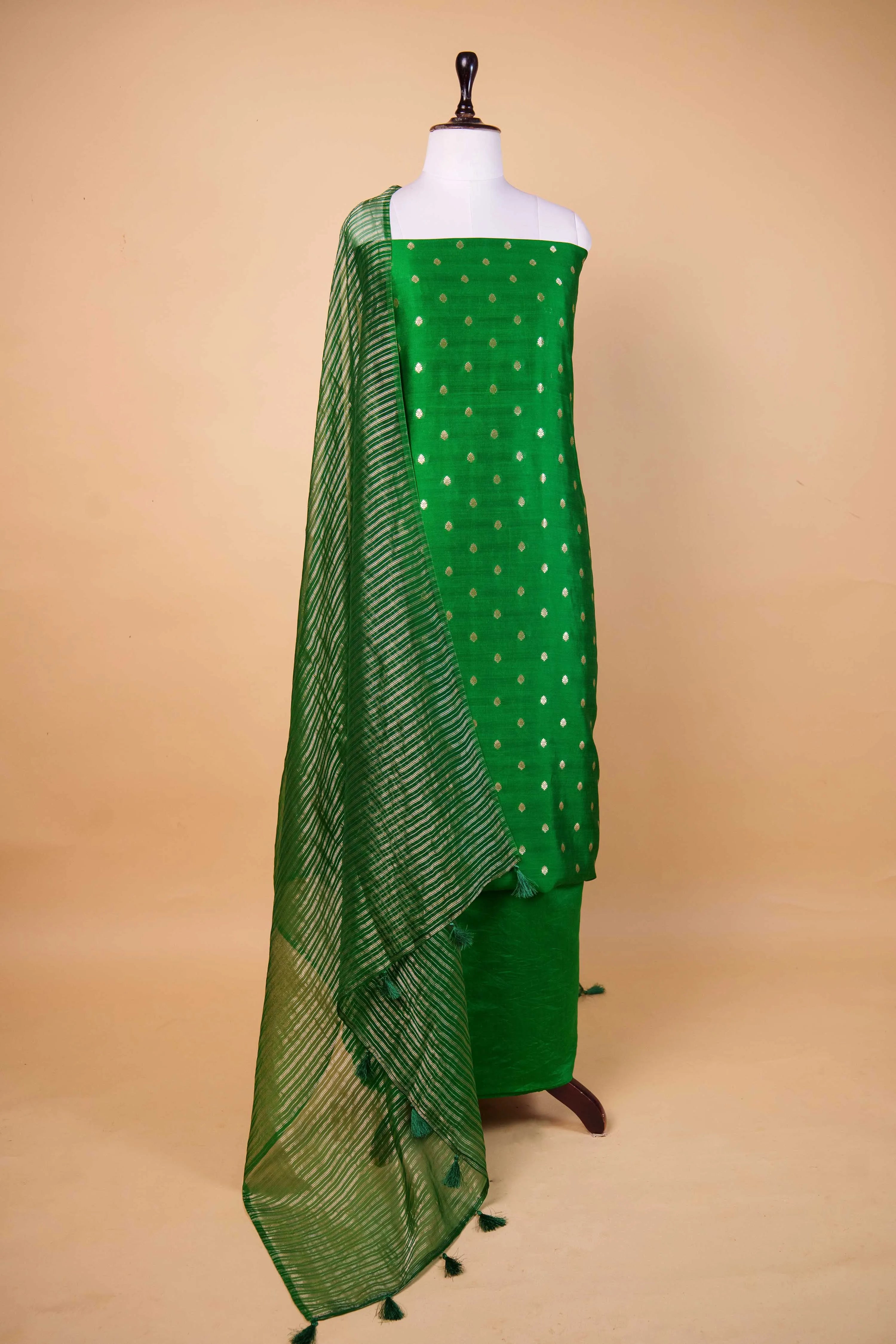 Bottle Green Handwoven Chiniya Silk Suit Set