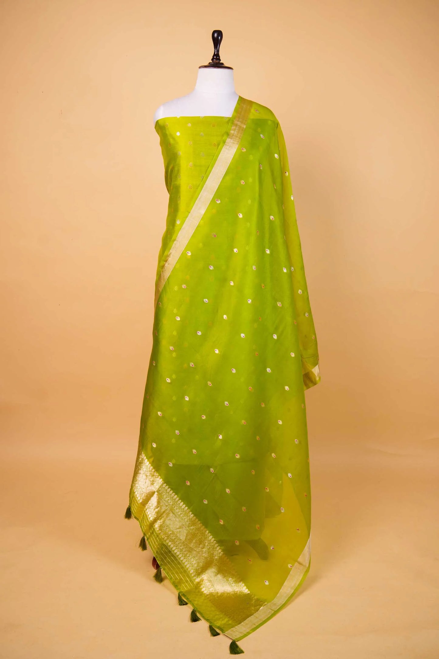 Olive Green Handwoven Chiniya Silk Suit Set