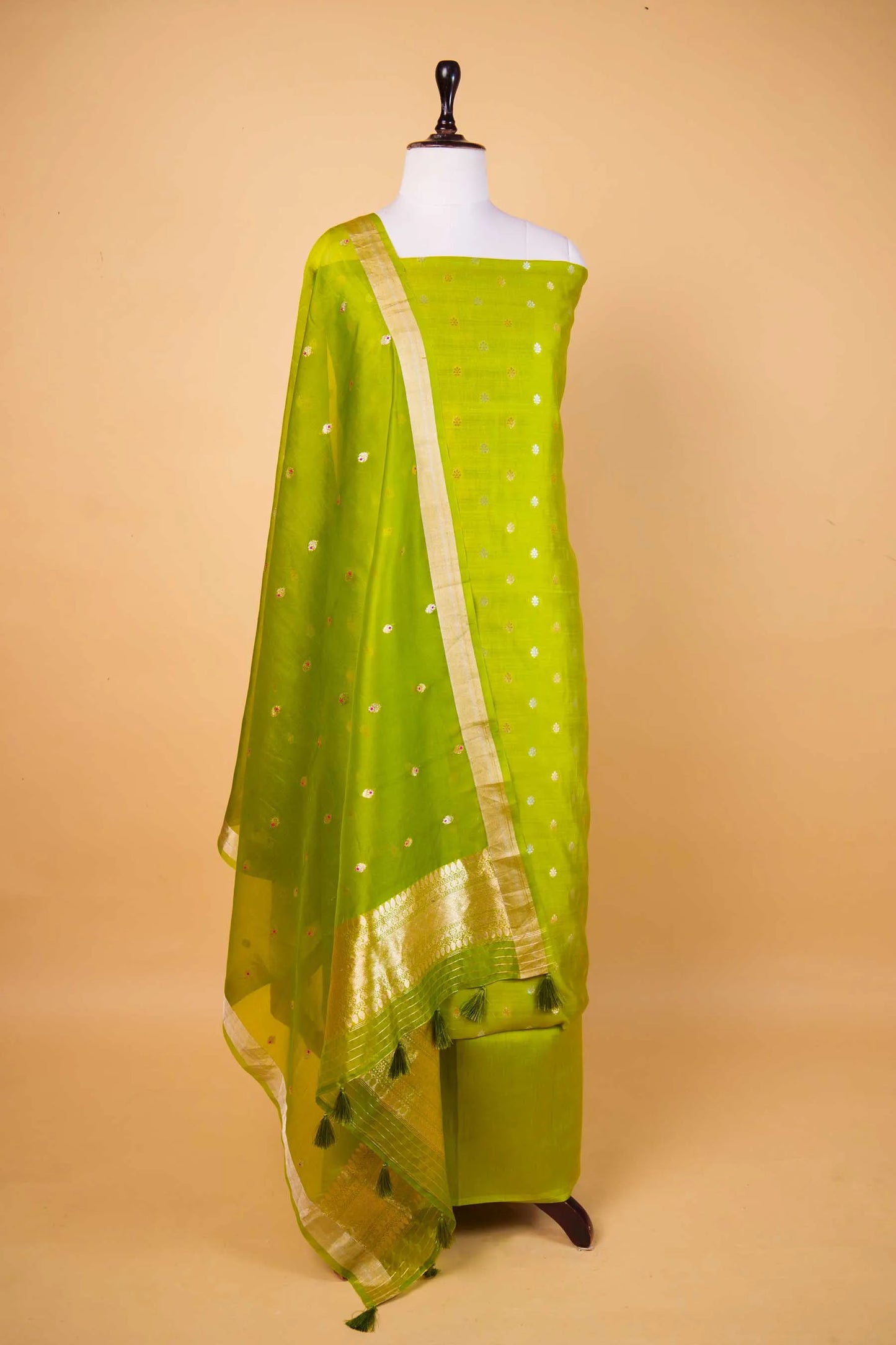 Olive Green Handwoven Chiniya Silk Suit Set