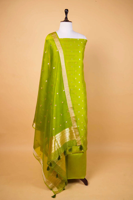 Olive Green Handwoven Chiniya Silk Suit Set