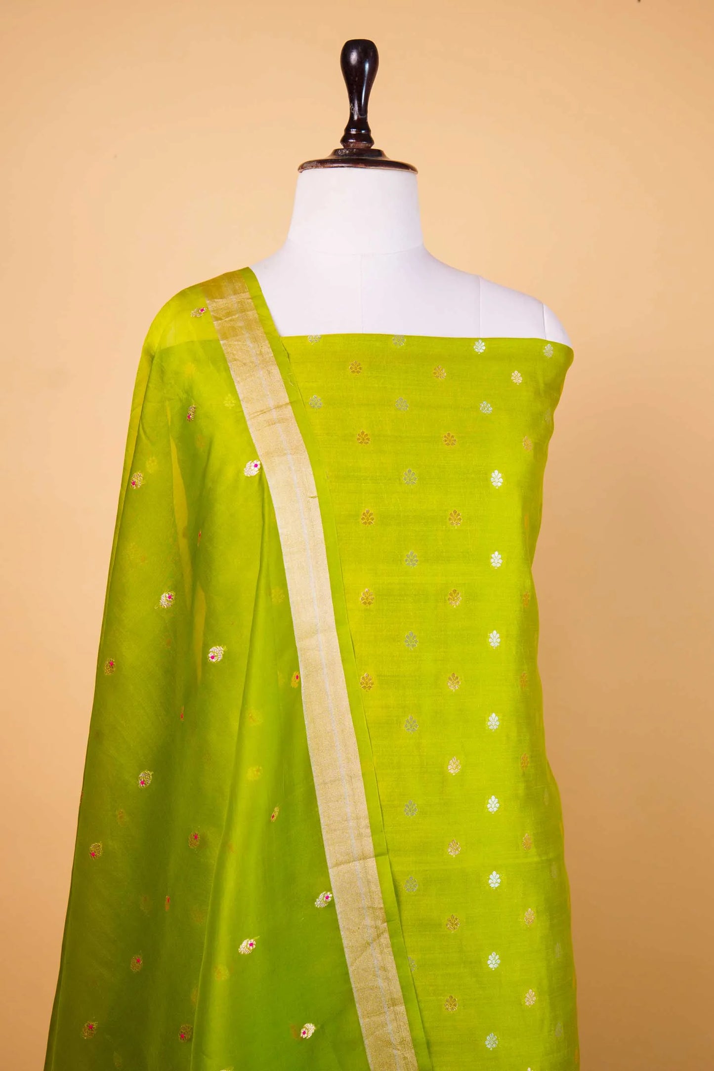 Olive Green Handwoven Chiniya Silk Suit Set