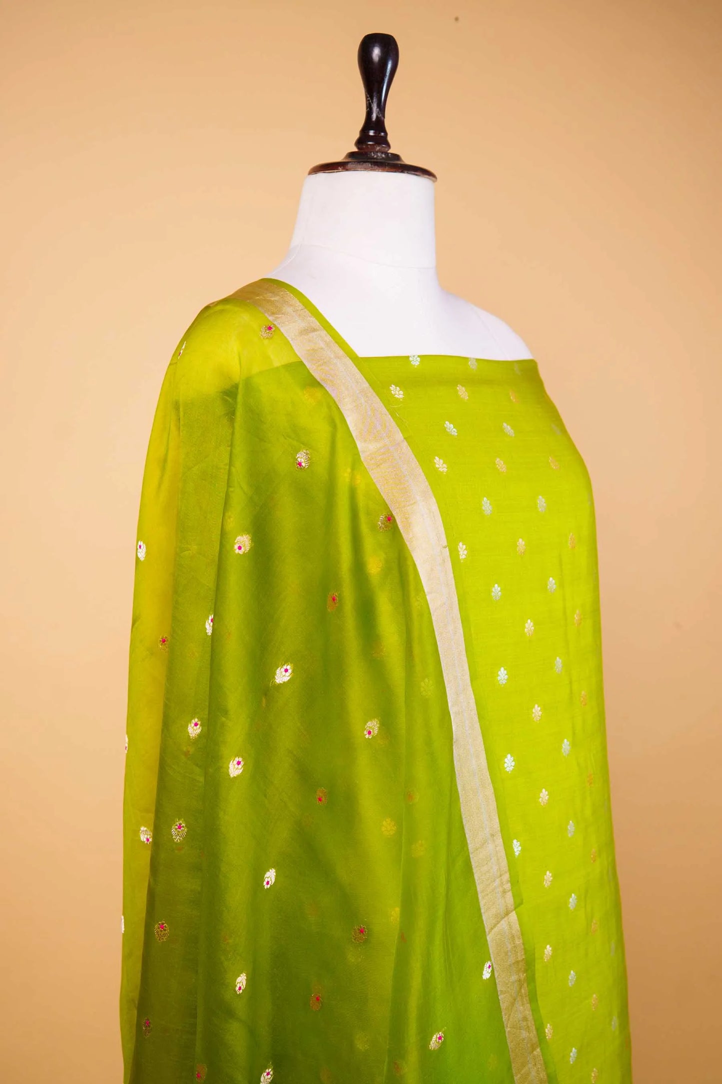 Olive Green Handwoven Chiniya Silk Suit Set