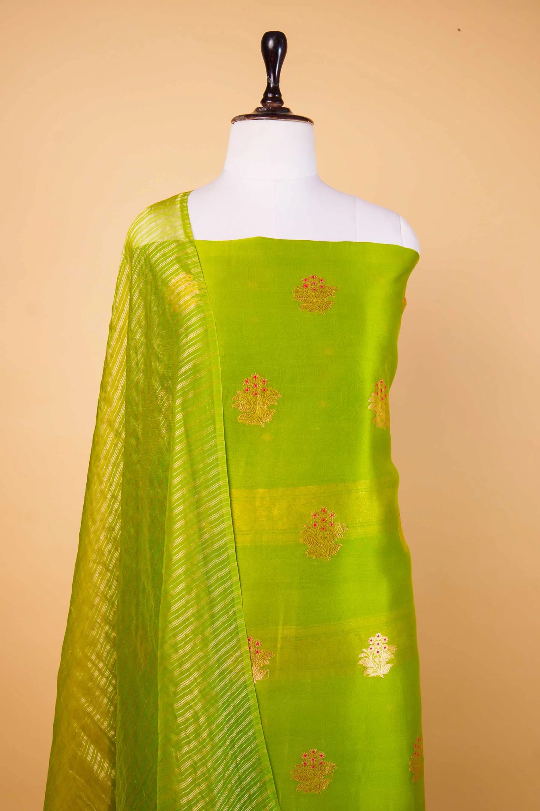Olive Green  Organza Handwoven Suit