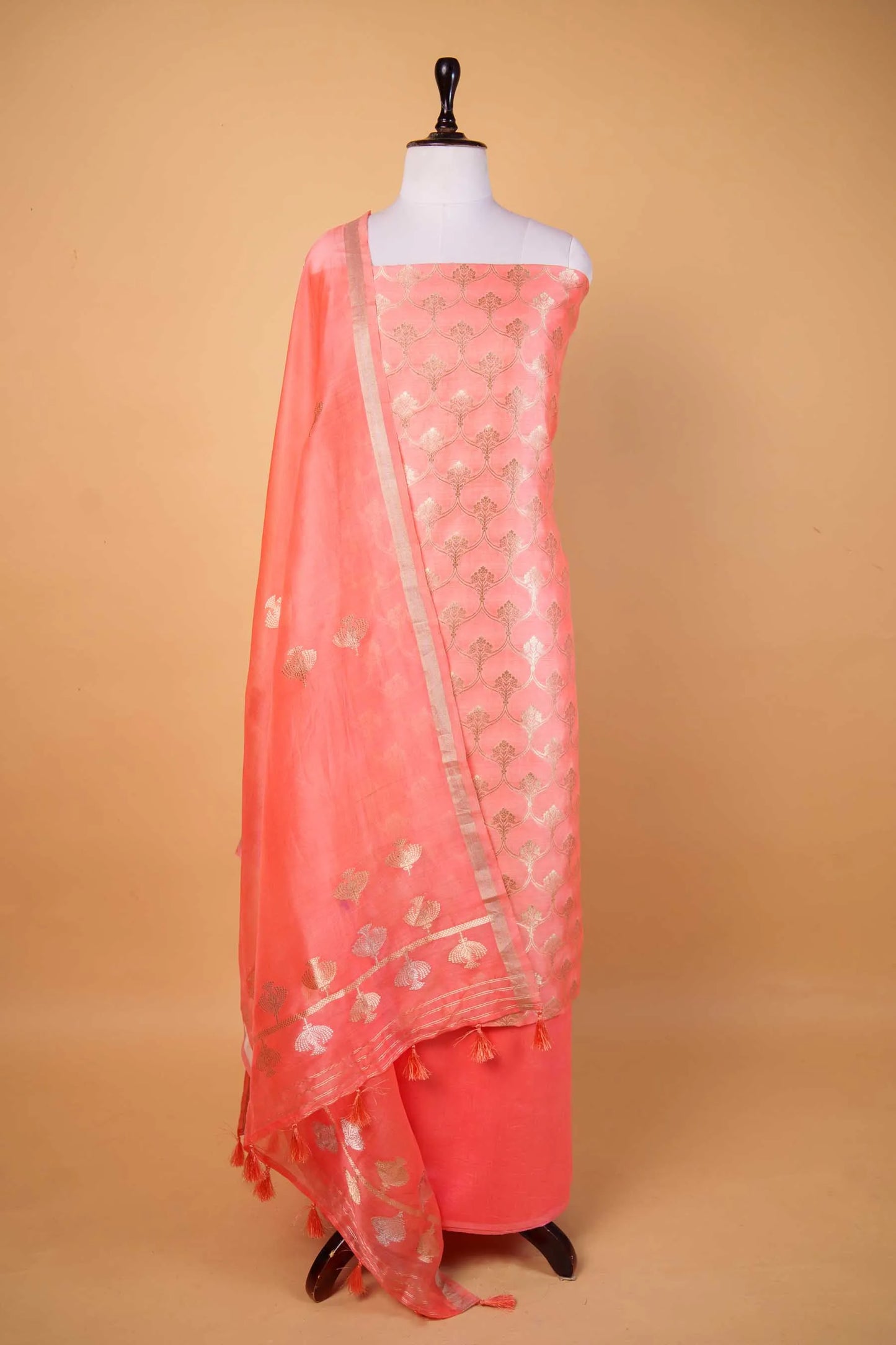 Peach Handwoven Chiniya Silk Suit Set