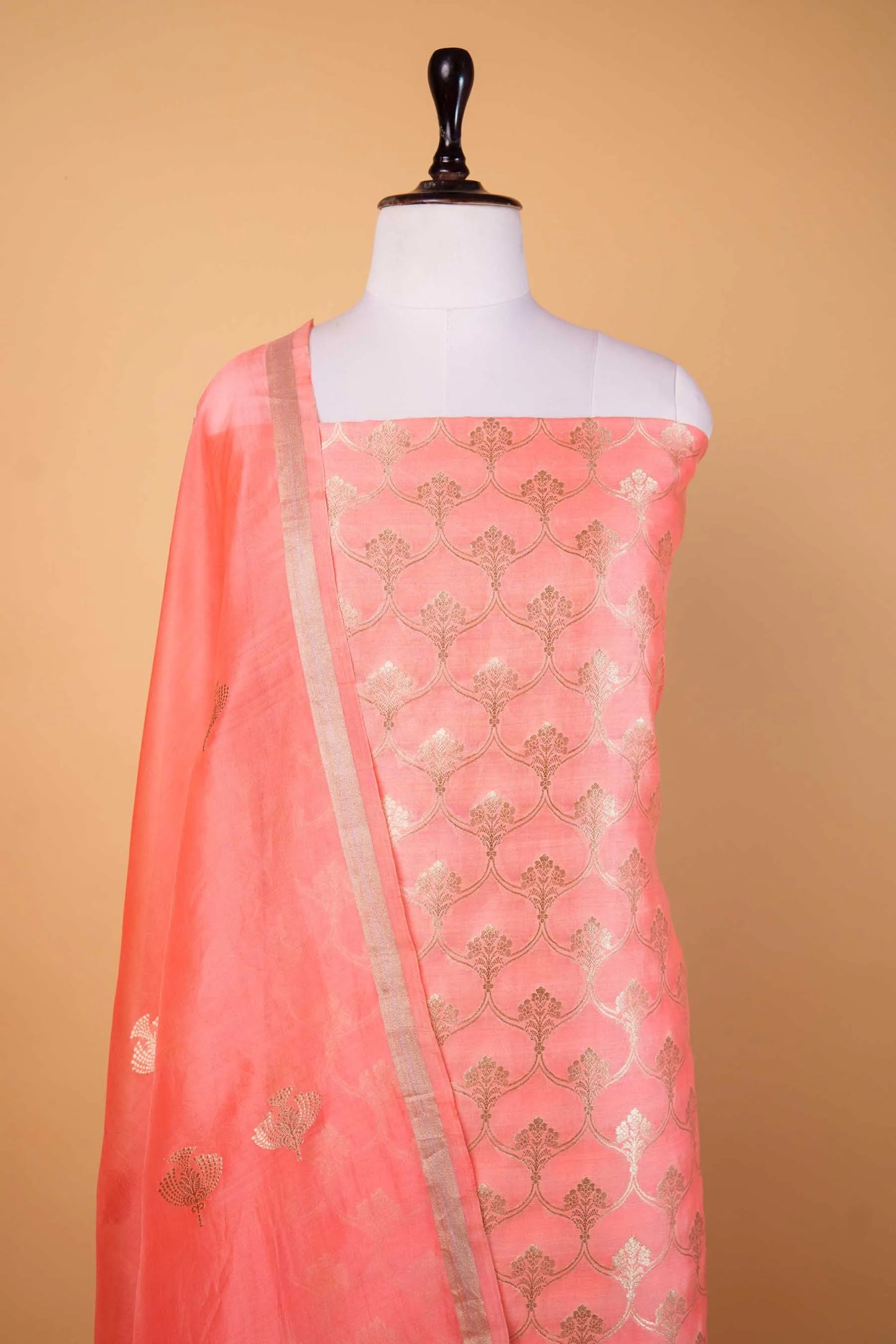 Peach Handwoven Chiniya Silk Suit Set