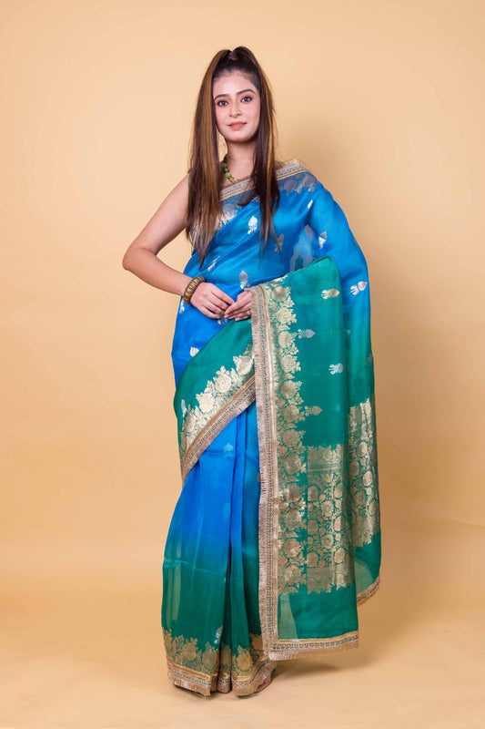 Green & Blue Shaded Kadhua Organza Silk Saree With Embellished Border