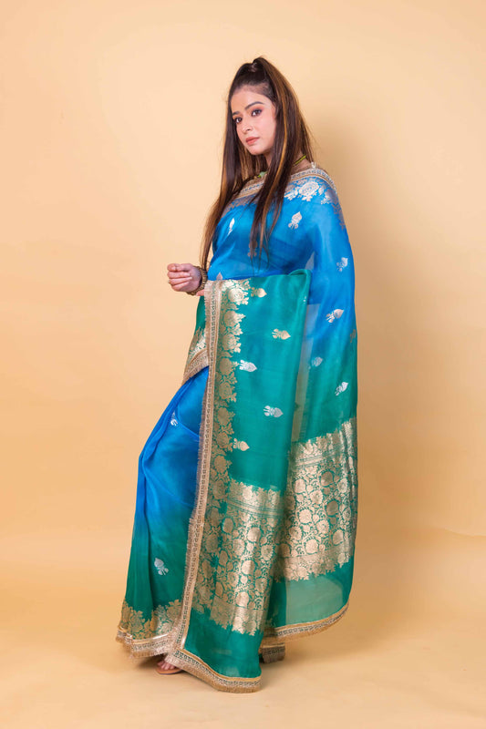 Green & Blue Shaded Kadhua Organza Silk Saree With Embellished Border