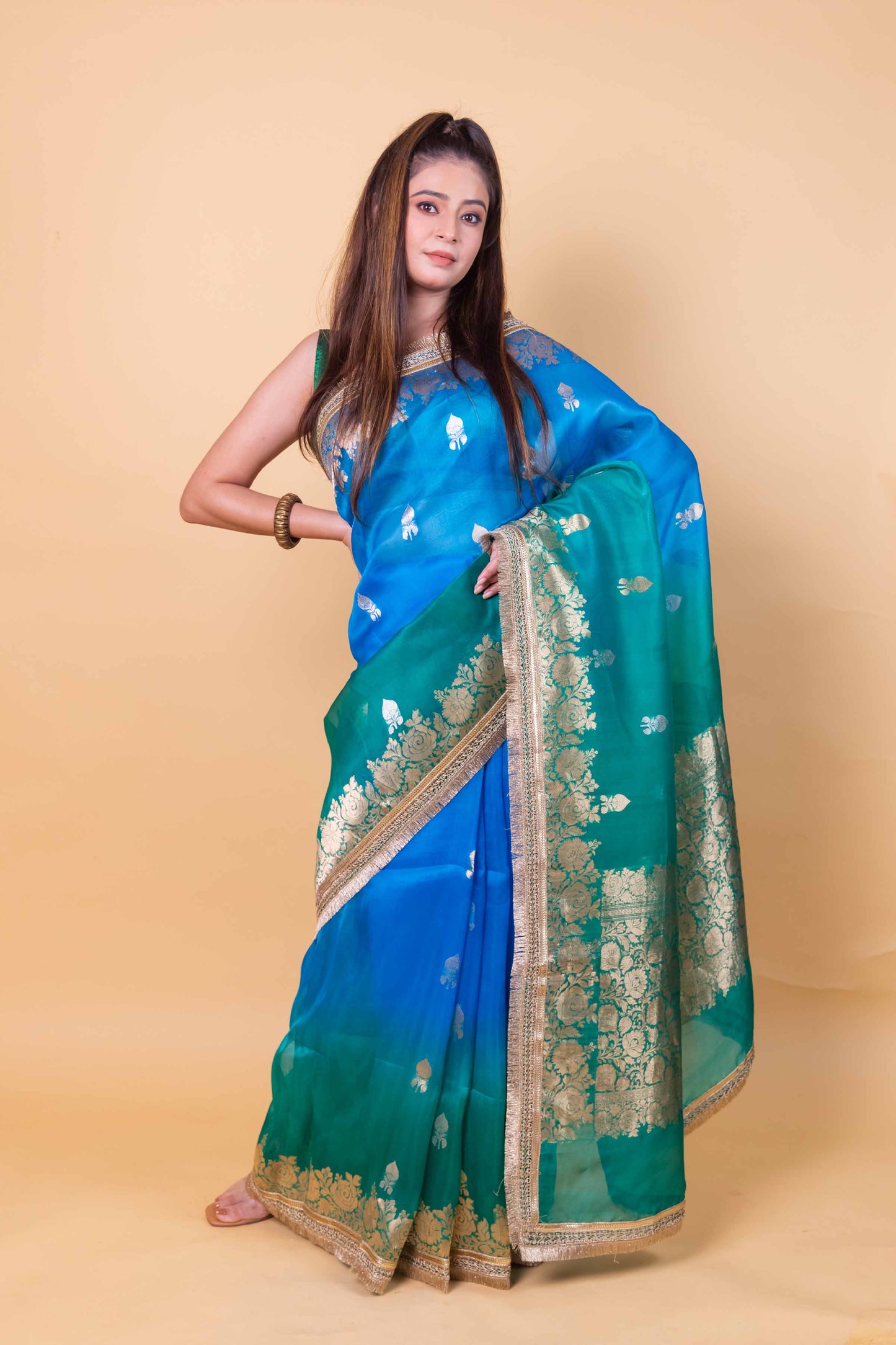 Green & Blue Shaded Kadhua Organza Silk Saree With Embellished Border