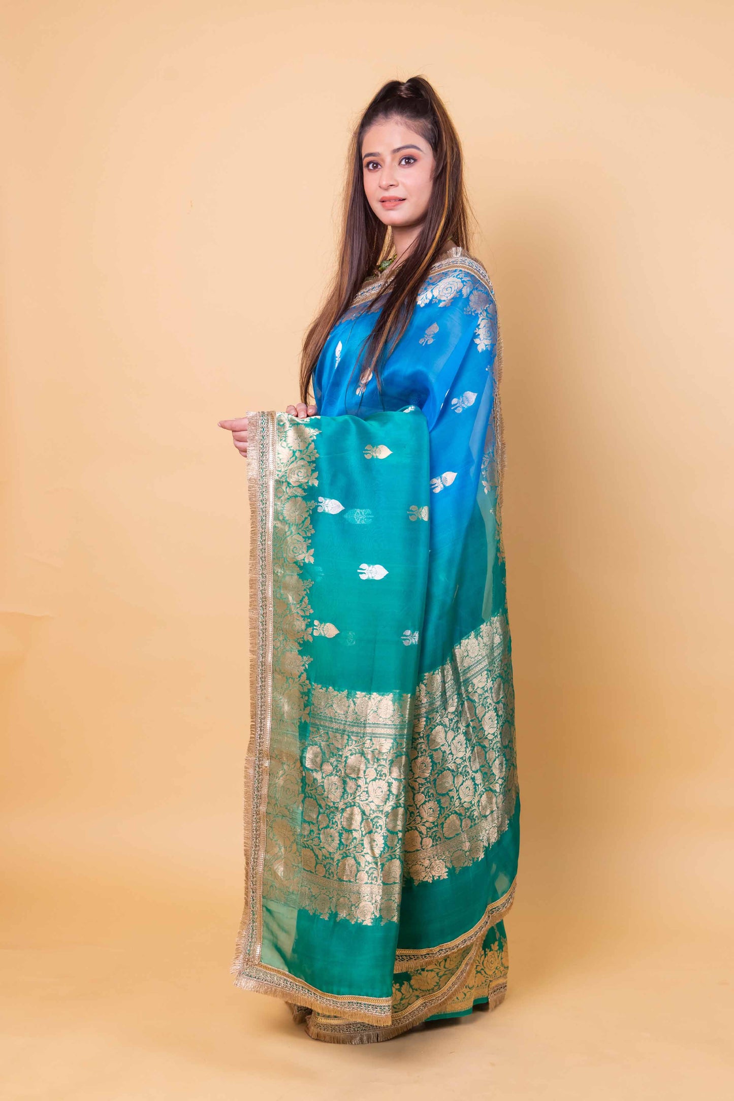 Green & Blue Shaded Kadhua Organza Silk Saree With Embellished Border