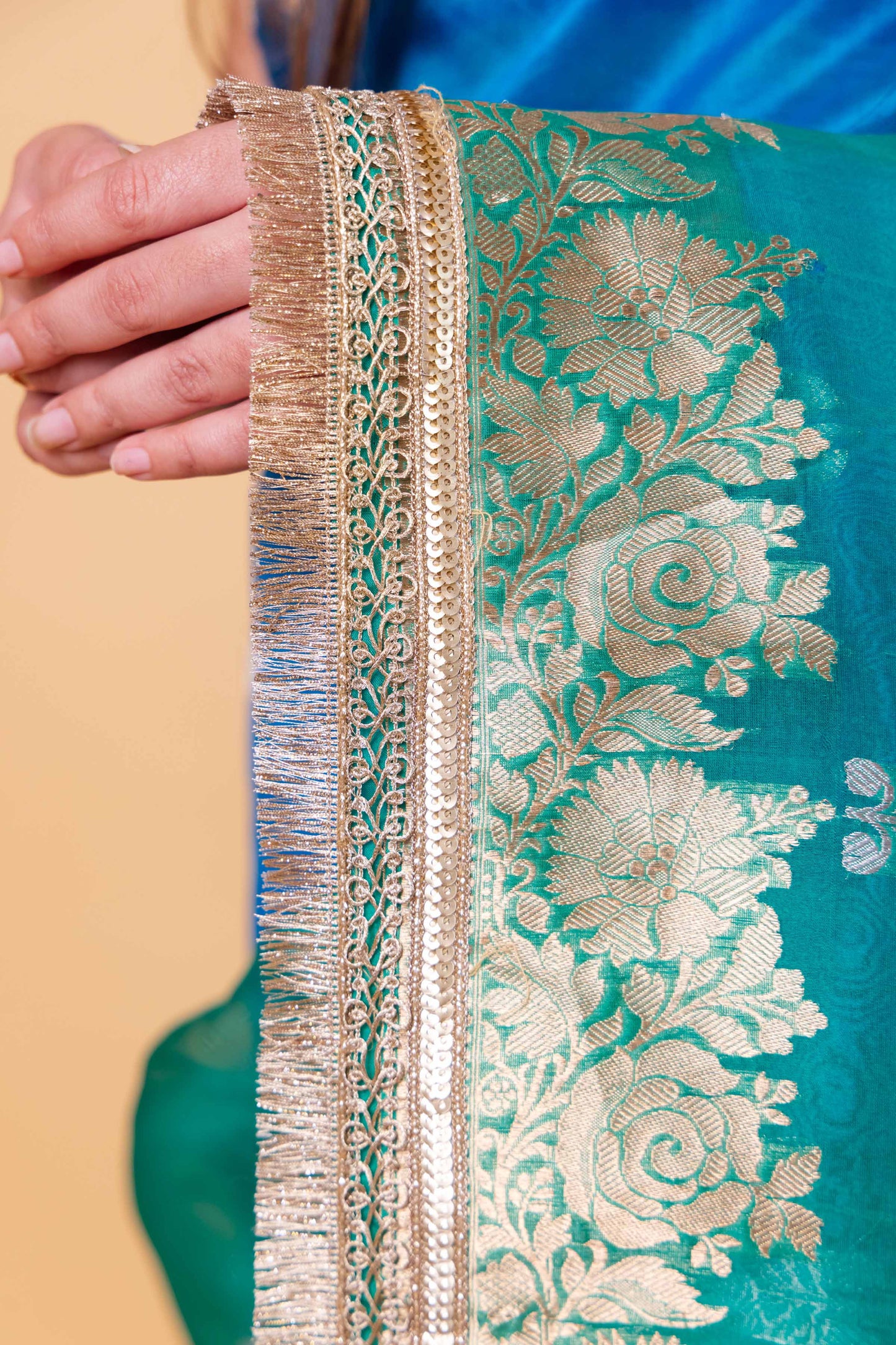 Green & Blue Shaded Kadhua Organza Silk Saree With Embellished Border