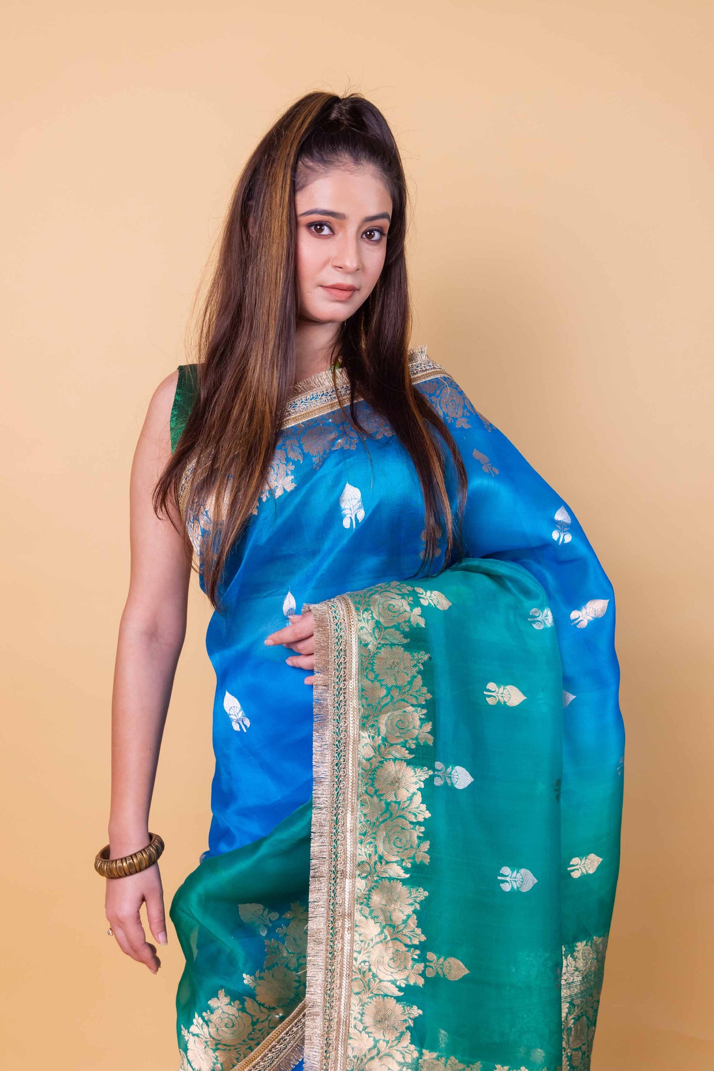 Green & Blue Shaded Kadhua Organza Silk Saree With Embellished Border