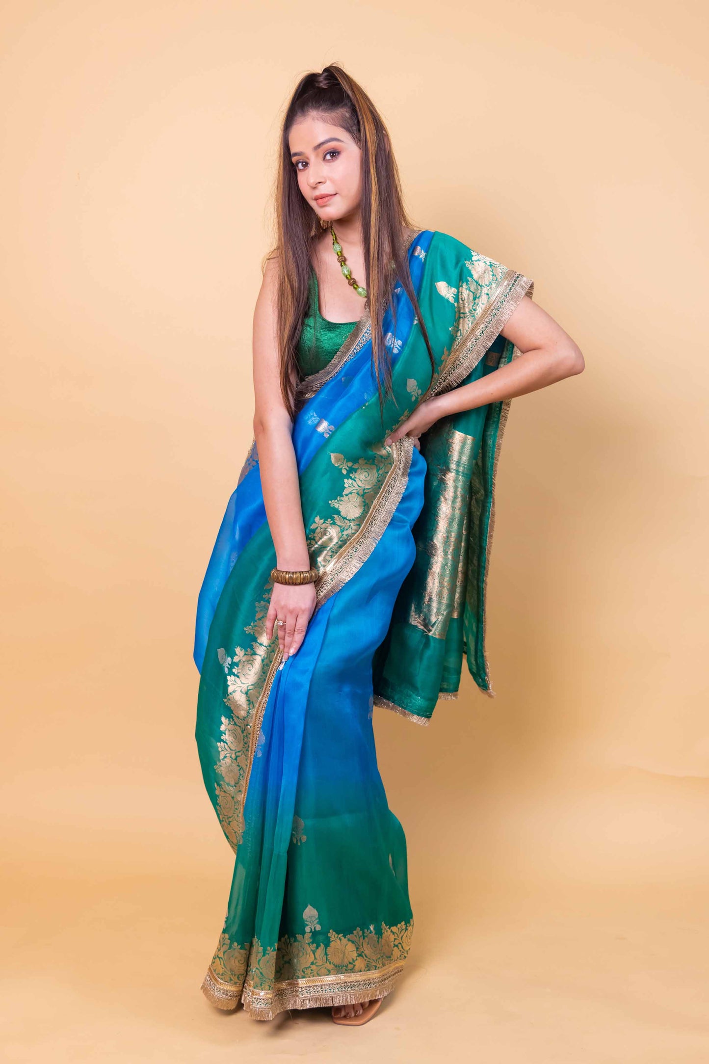 Green & Blue Shaded Kadhua Organza Silk Saree With Embellished Border