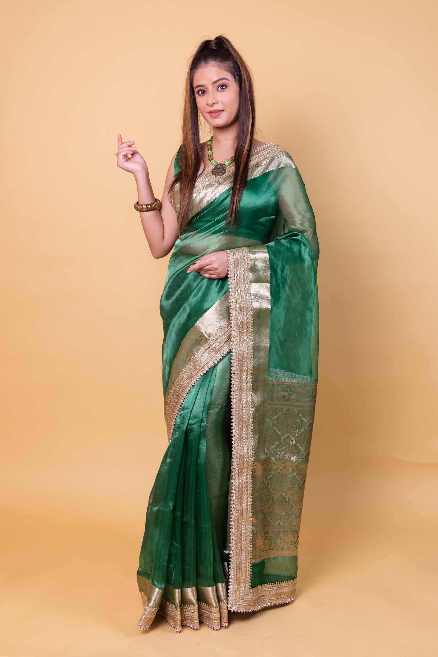Green Embellished Lace Pure Soft Tissue Silk Saree
