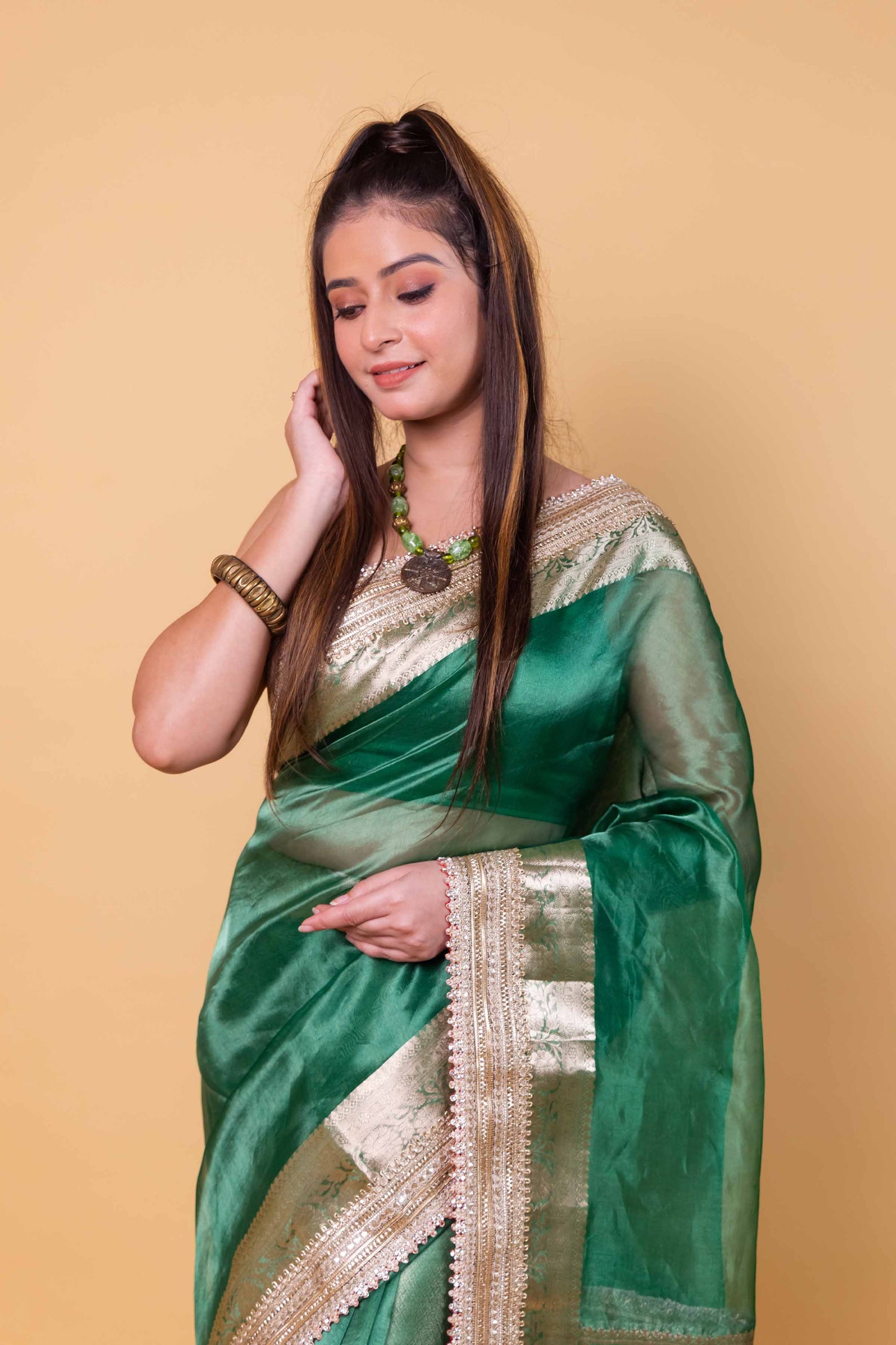 Green Embellished Lace Pure Soft Tissue Silk Saree