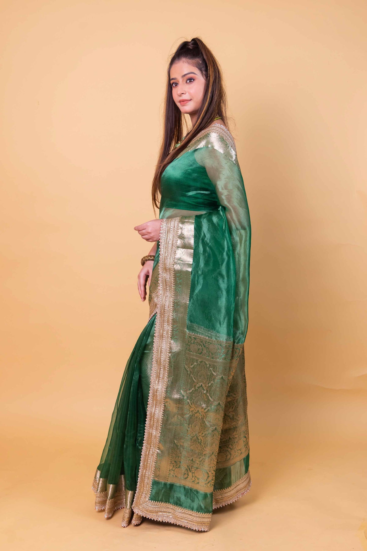 Green Embellished Lace Pure Soft Tissue Silk Saree