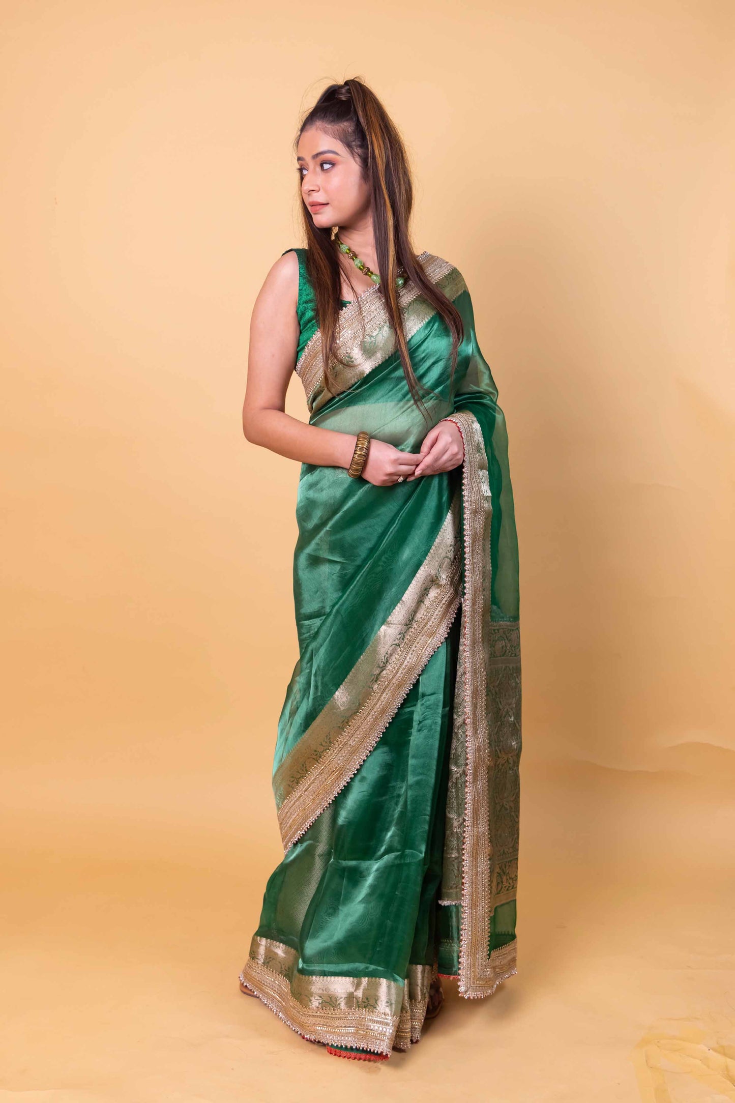 Green Embellished Lace Pure Soft Tissue Silk Saree