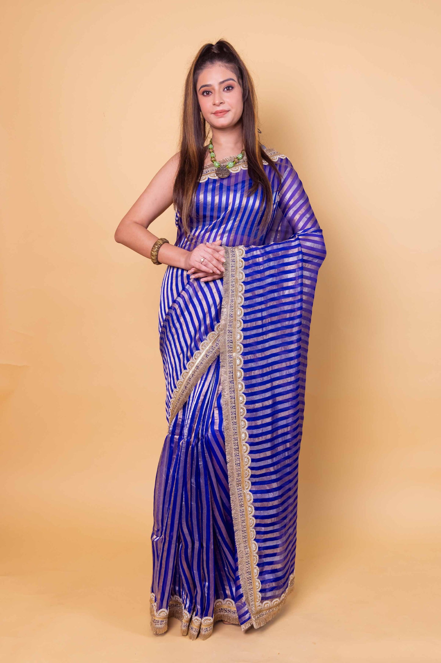 Royal Blue Sona Rupa Stripe Organza Silk Saree With Embellished Border