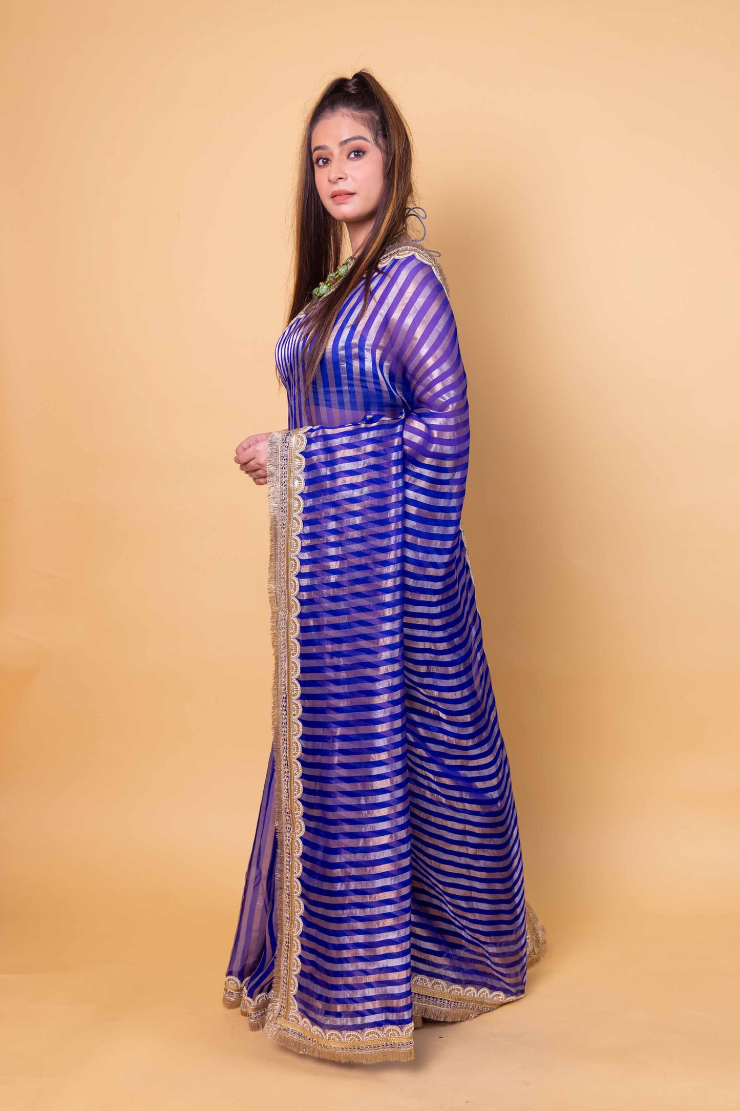 Royal Blue Sona Rupa Stripe Organza Silk Saree With Embellished Border