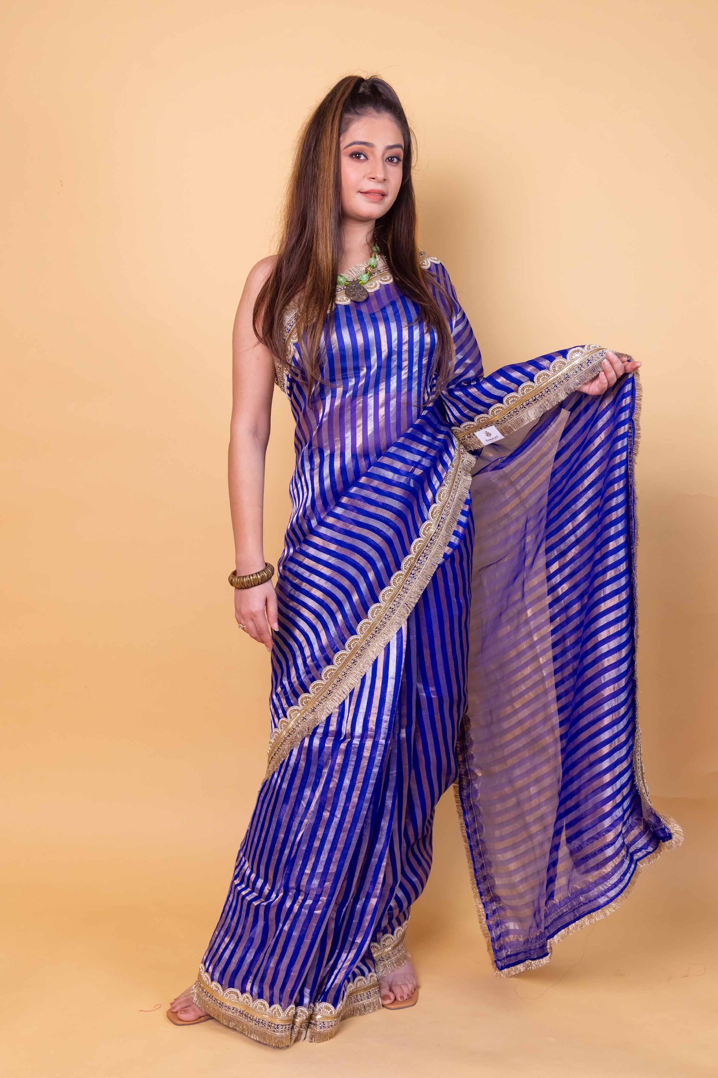Royal Blue Sona Rupa Stripe Organza Silk Saree With Embellished Border
