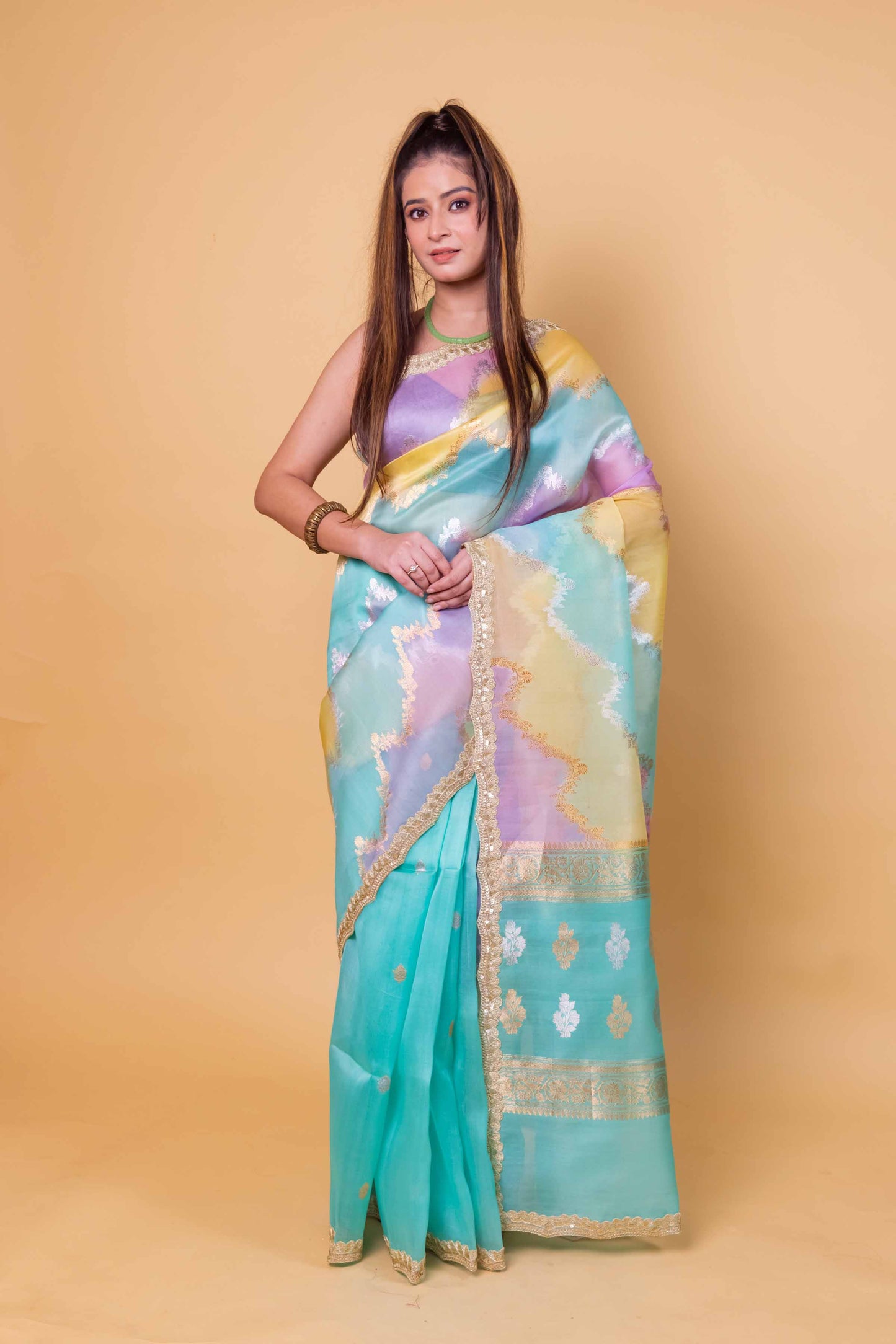 Green & Blue Ada Rangkat Kadhua Organza Silk Saree With Embellished Border