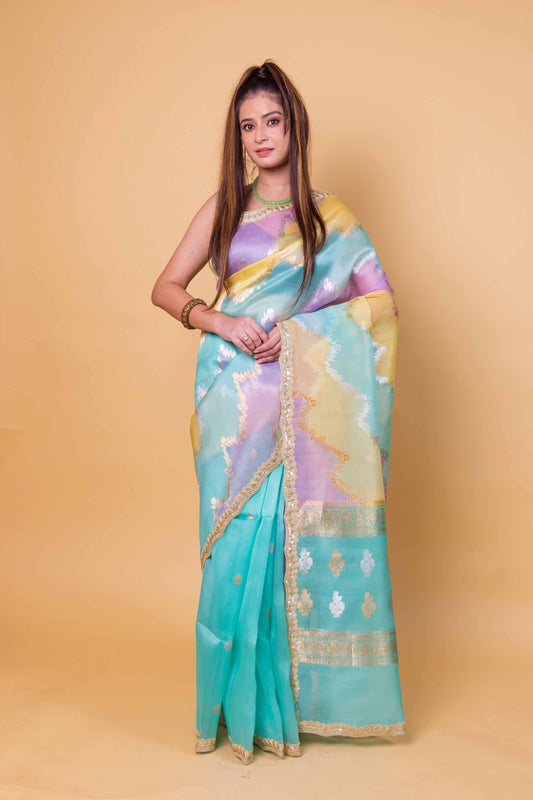 Green & Blue Ada Rangkat Kadhua Organza Silk Saree With Embellished Border