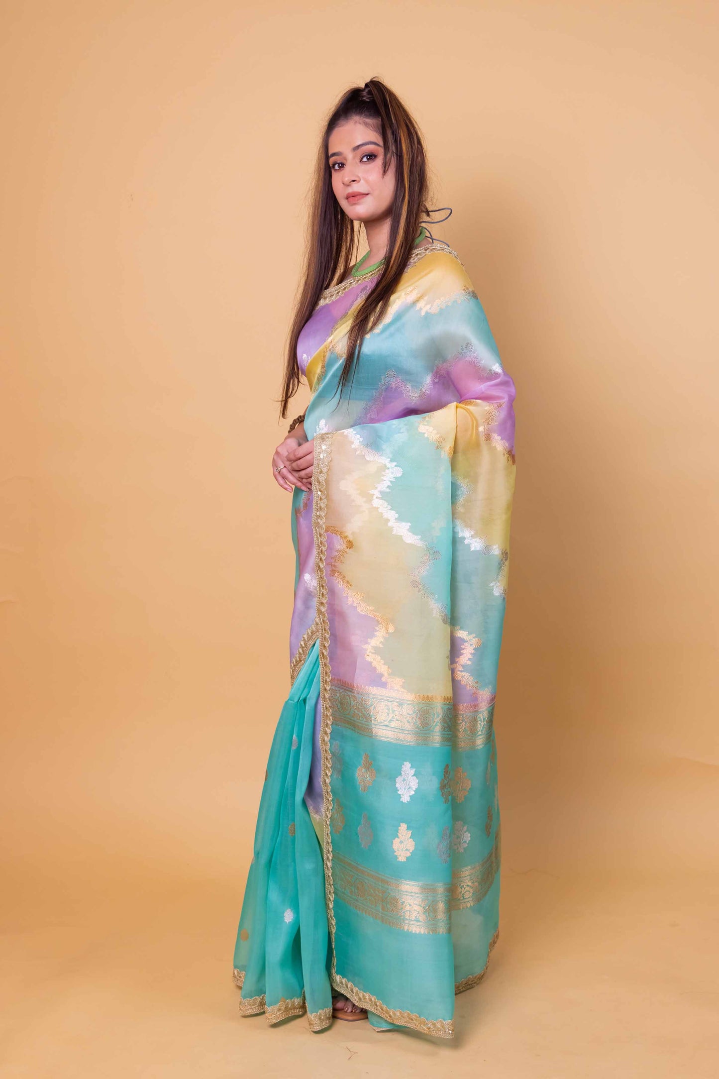Green & Blue Ada Rangkat Kadhua Organza Silk Saree With Embellished Border