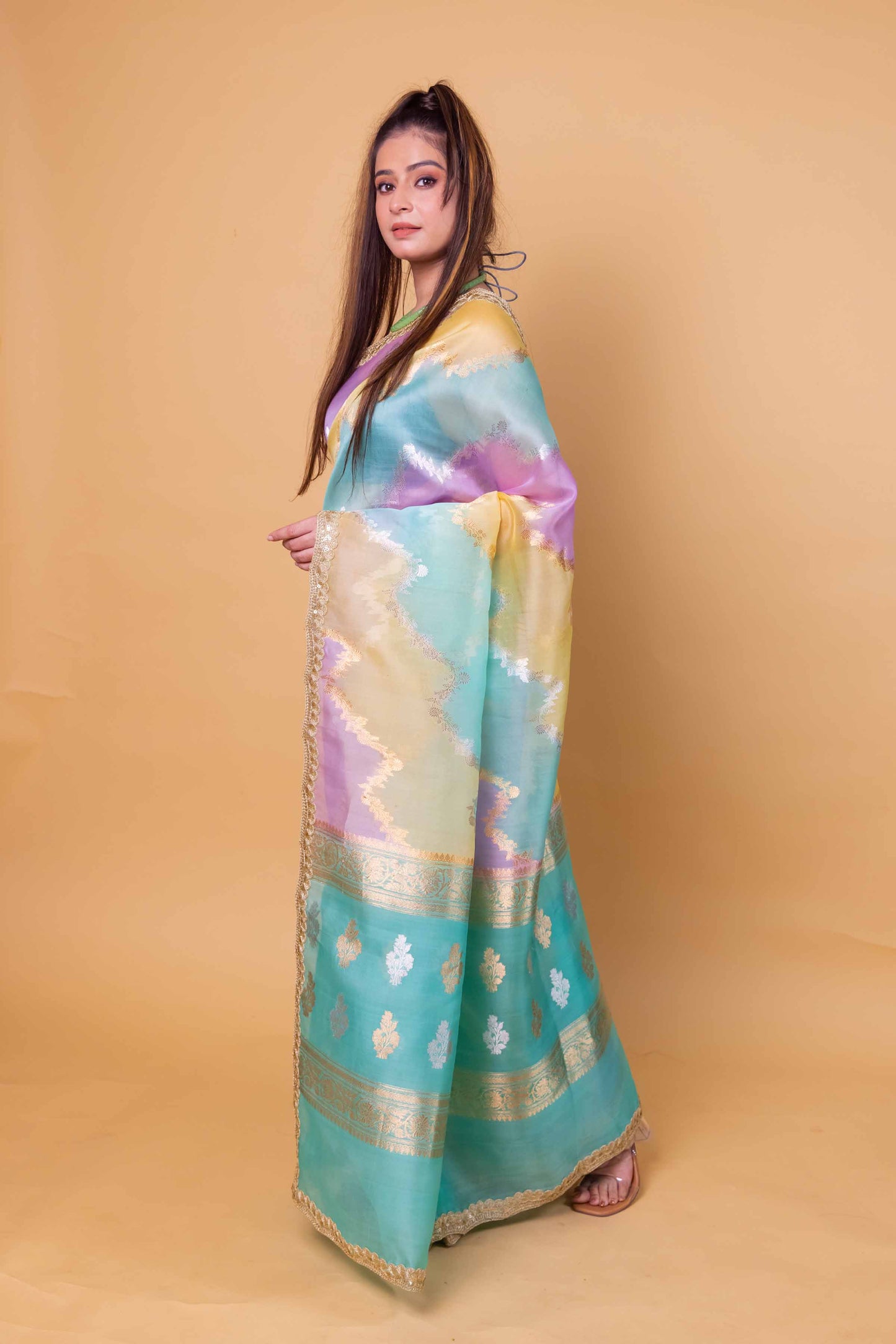 Green & Blue Ada Rangkat Kadhua Organza Silk Saree With Embellished Border