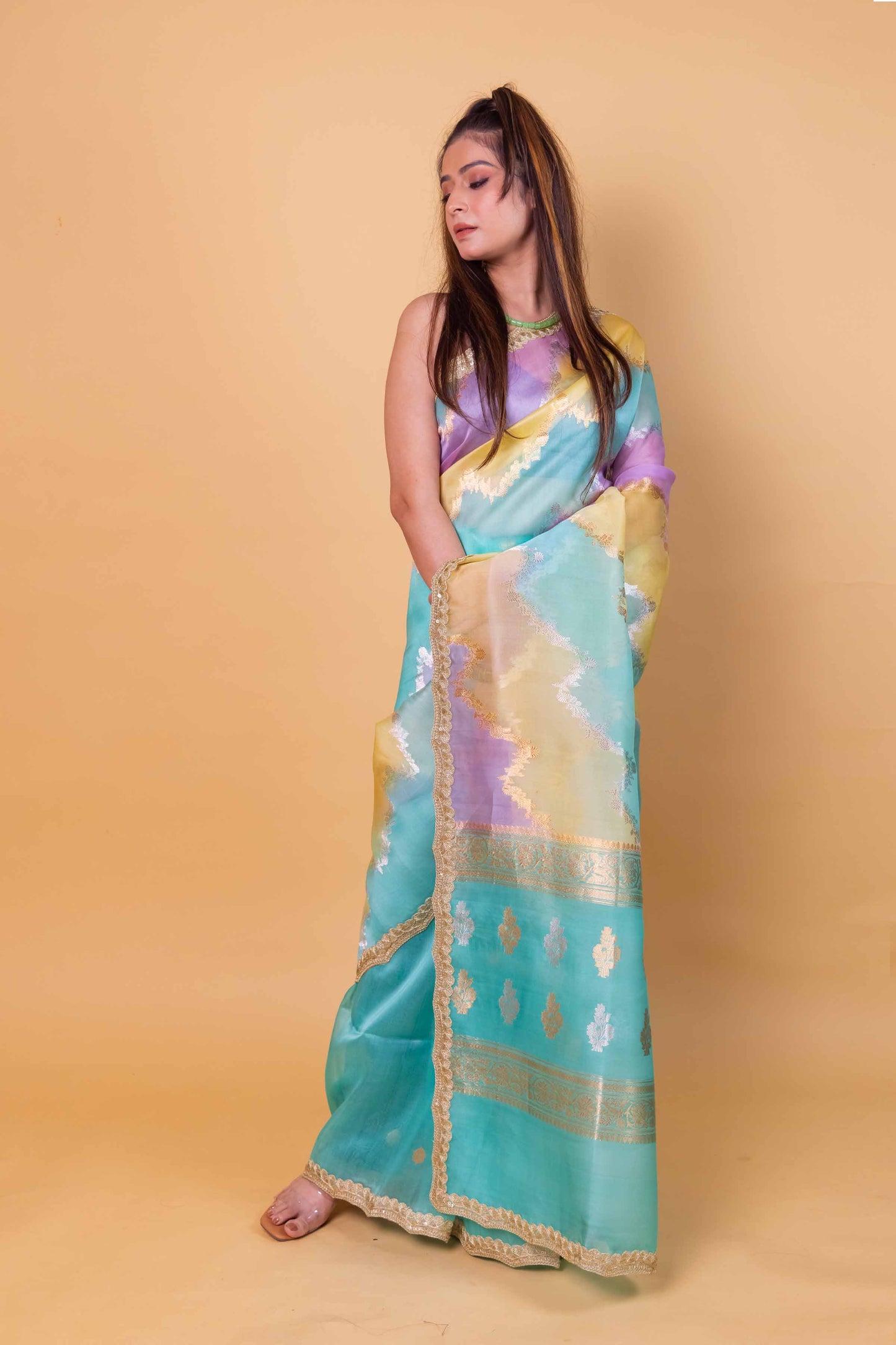 Green & Blue Ada Rangkat Kadhua Organza Silk Saree With Embellished Border