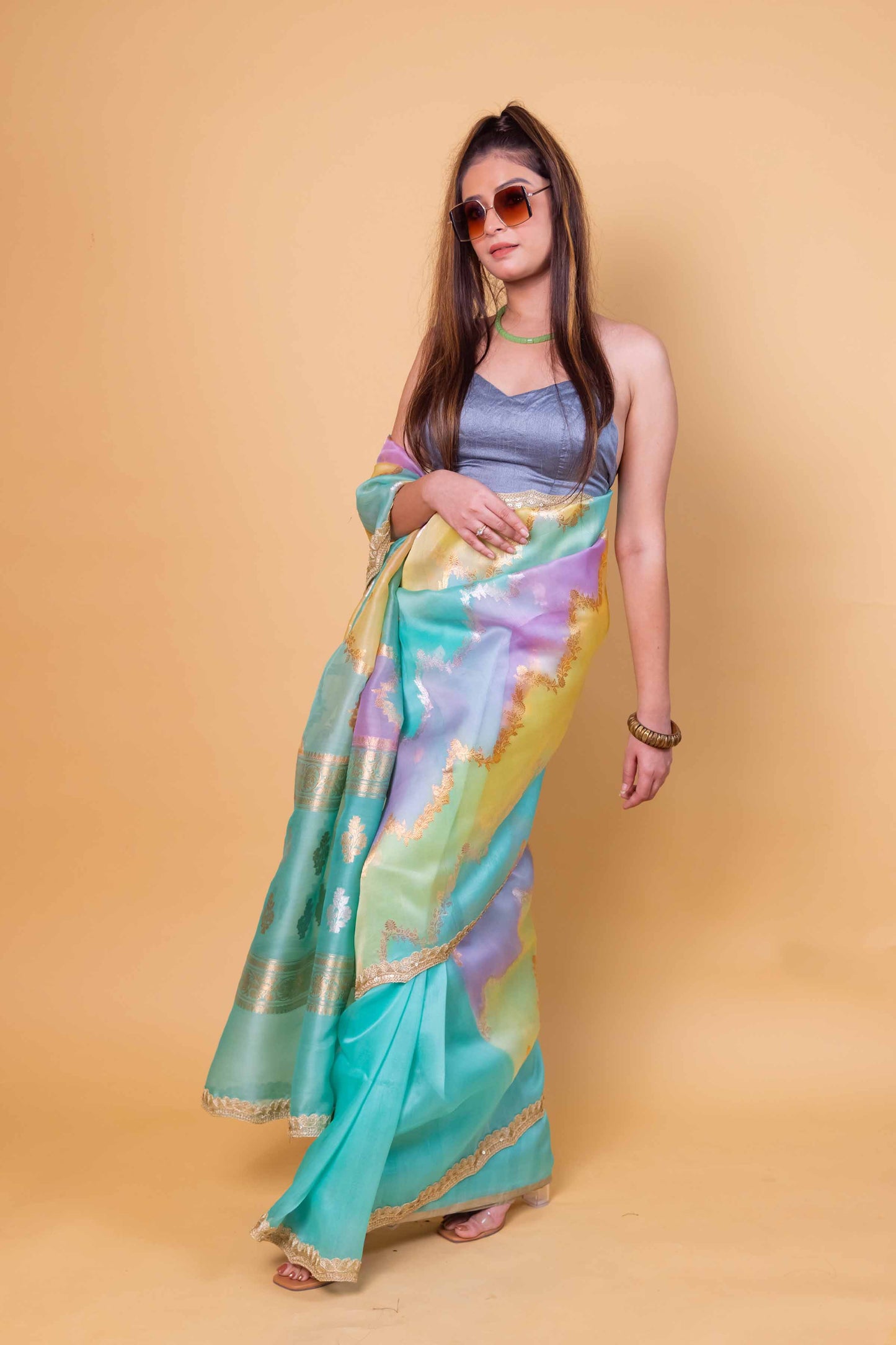 Green & Blue Ada Rangkat Kadhua Organza Silk Saree With Embellished Border