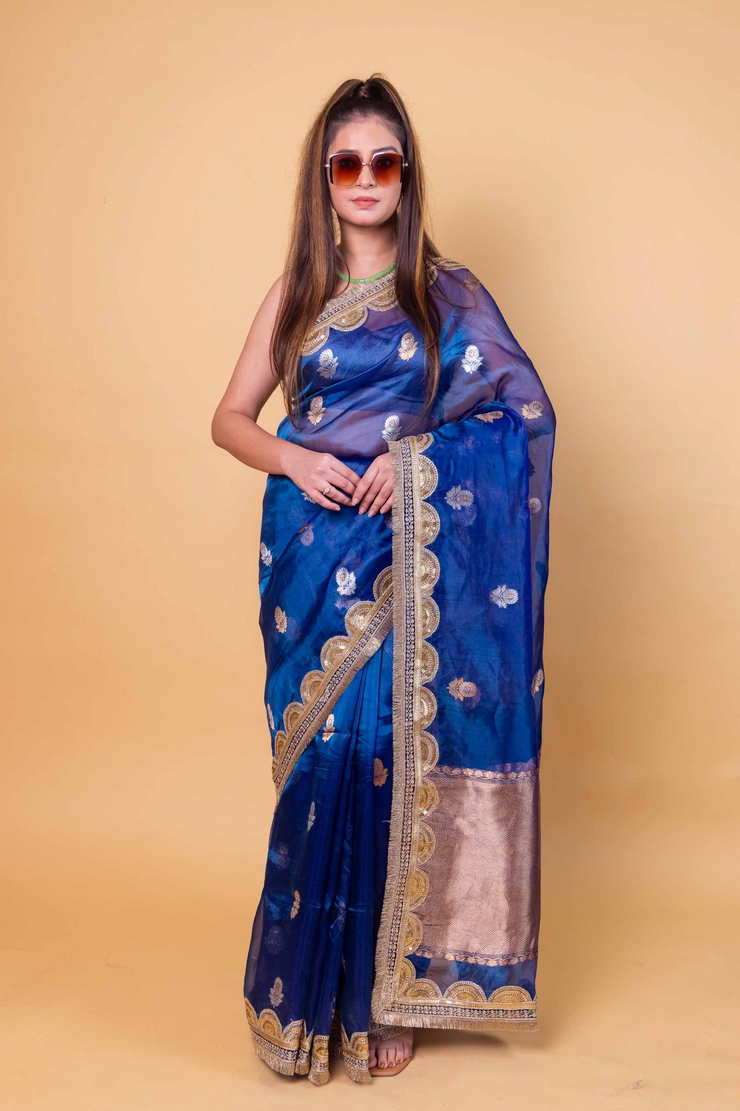 German Blue Pure Tissue Silk Saree With Embroidery Border