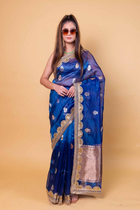 German Blue Pure Tissue Silk Saree With Embroidery Border