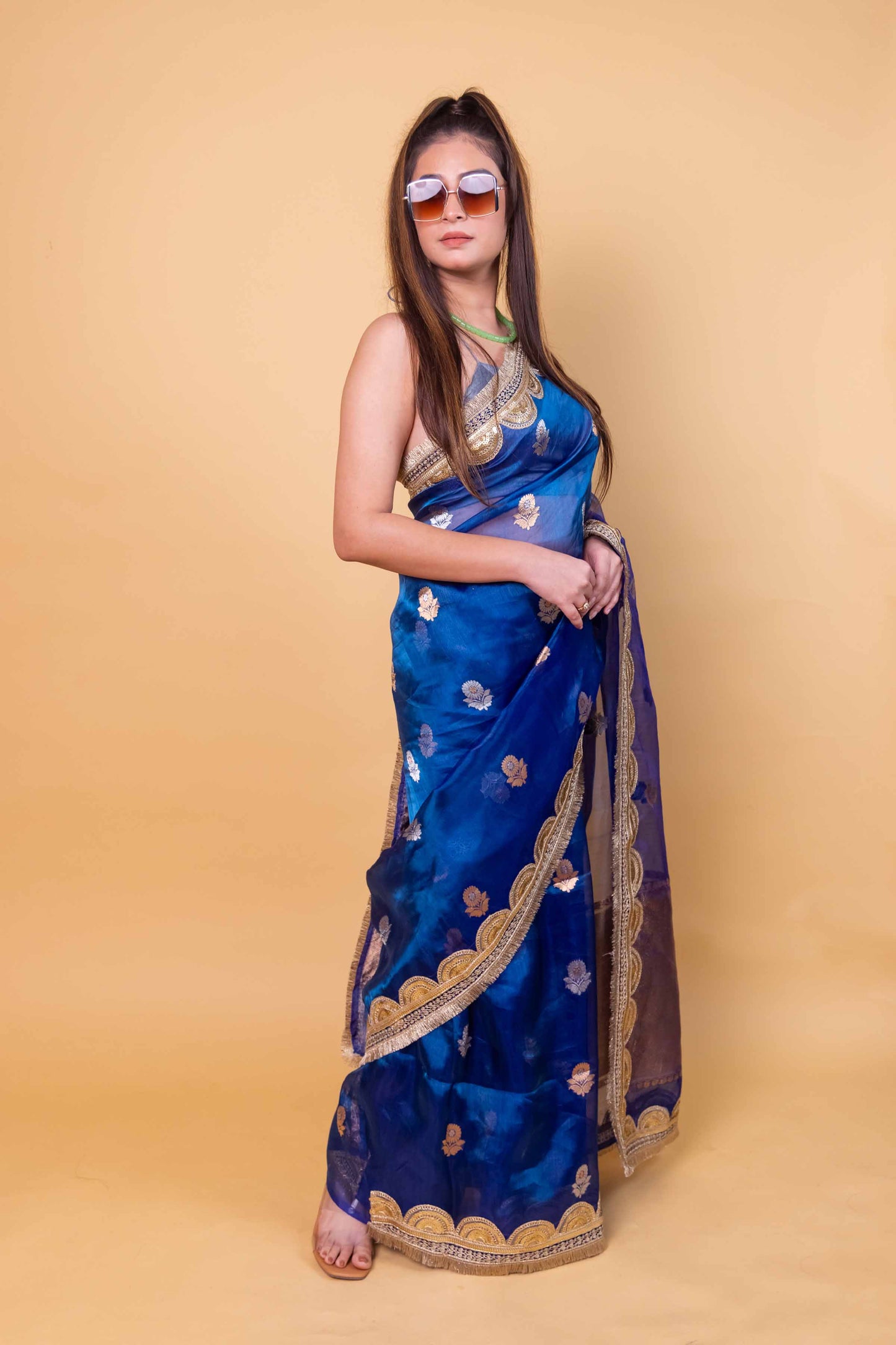 German Blue Pure Tissue Silk Saree With Embroidery Border